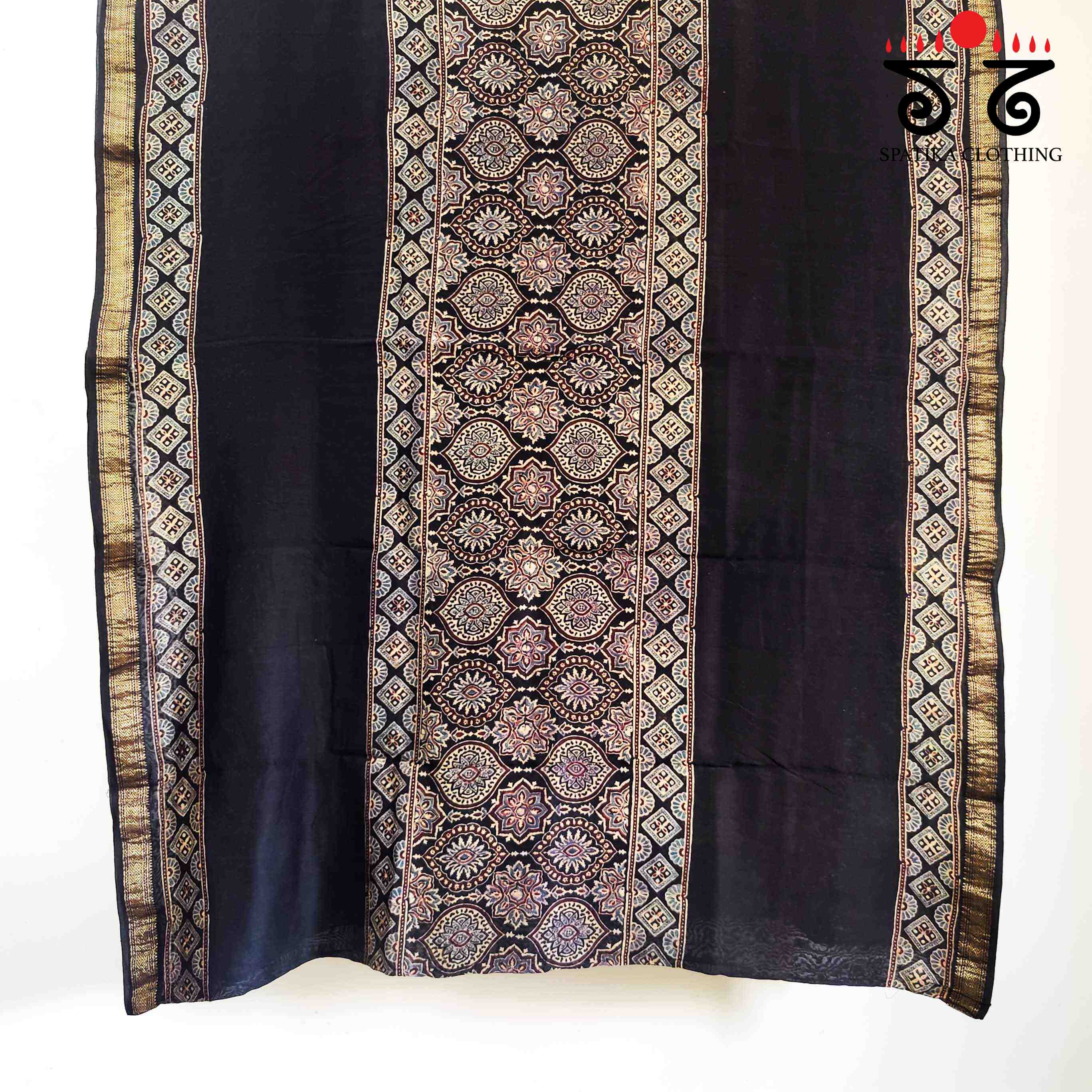 Black Ajrak Maheshwari Silk Cotton Saree