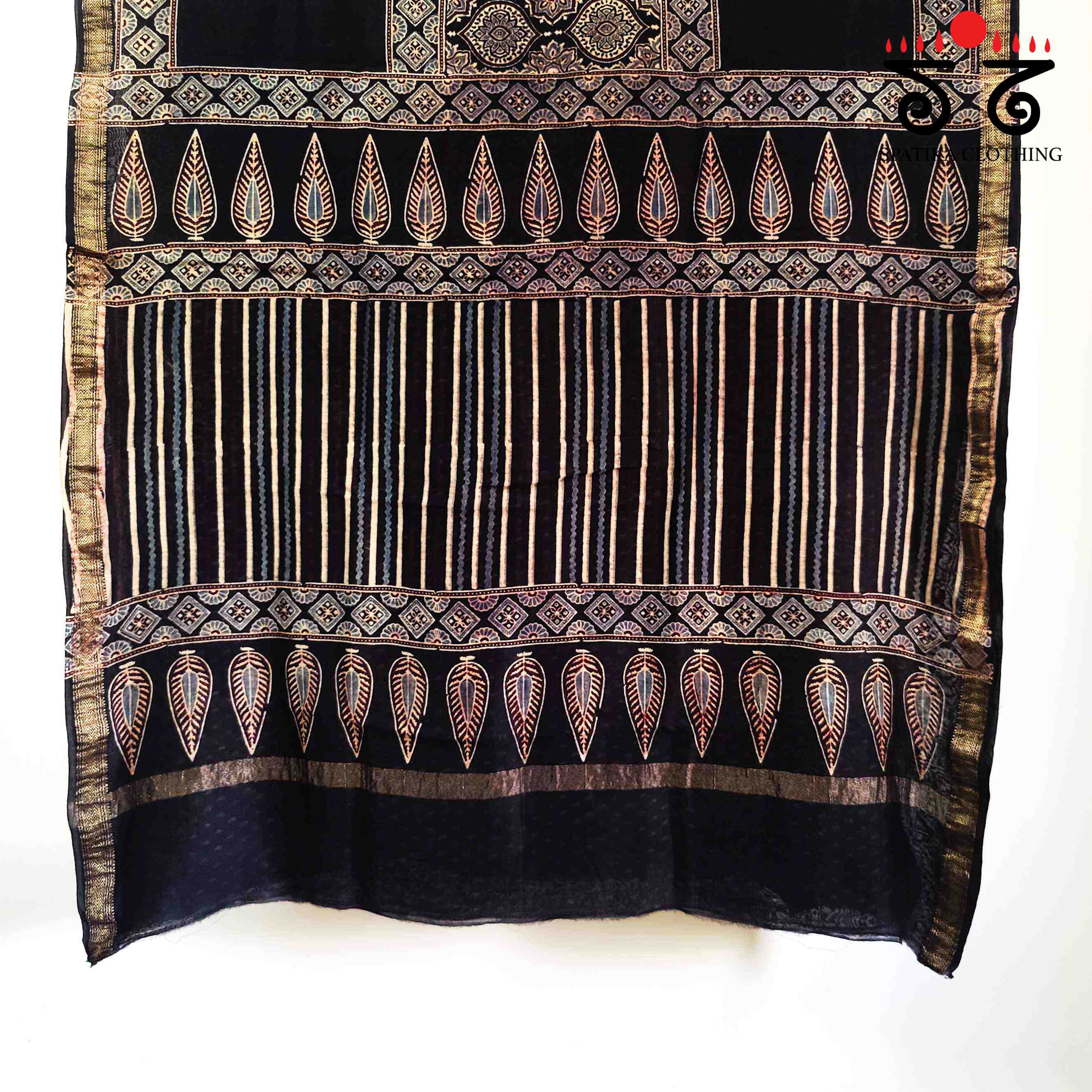 Black Ajrak Maheshwari Silk Cotton Saree