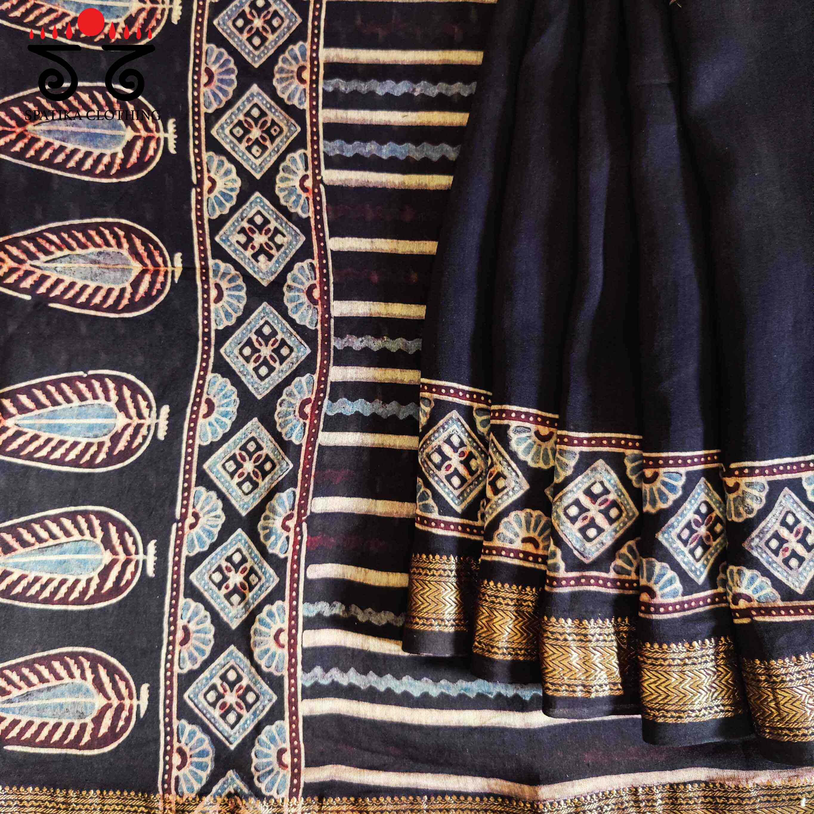 Black Ajrak Maheshwari Silk Cotton Saree