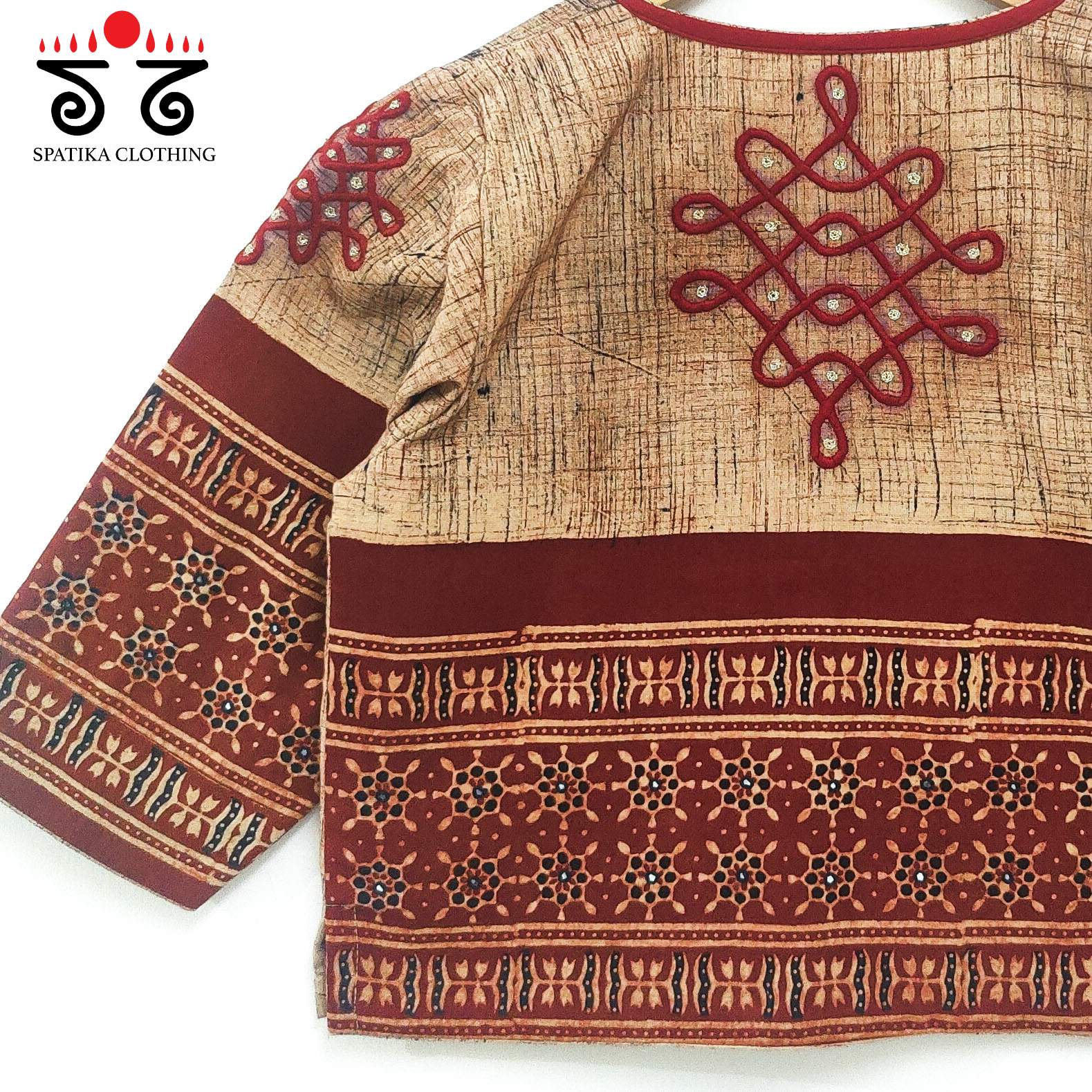 The Kolam Beige & Brick Ajrak Long Blouse