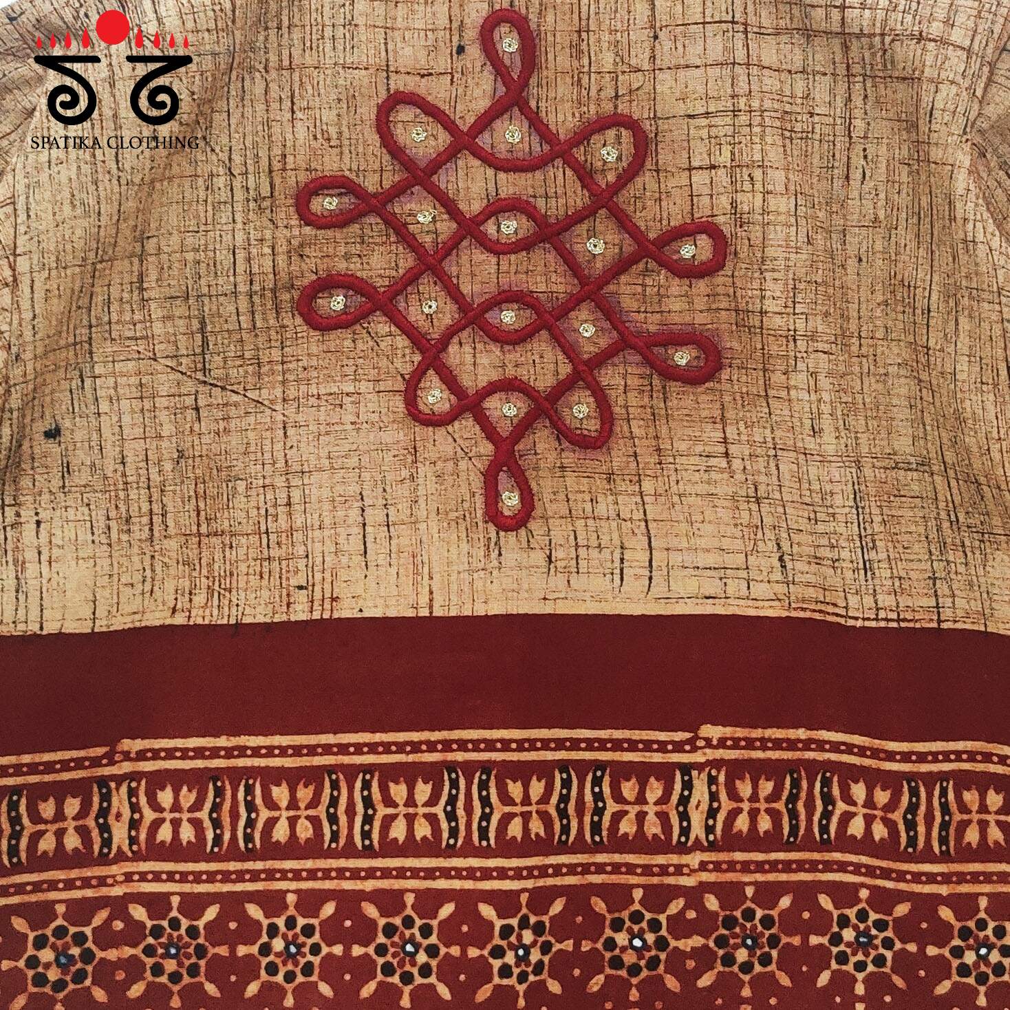 The Kolam Beige & Brick Ajrak Long Blouse
