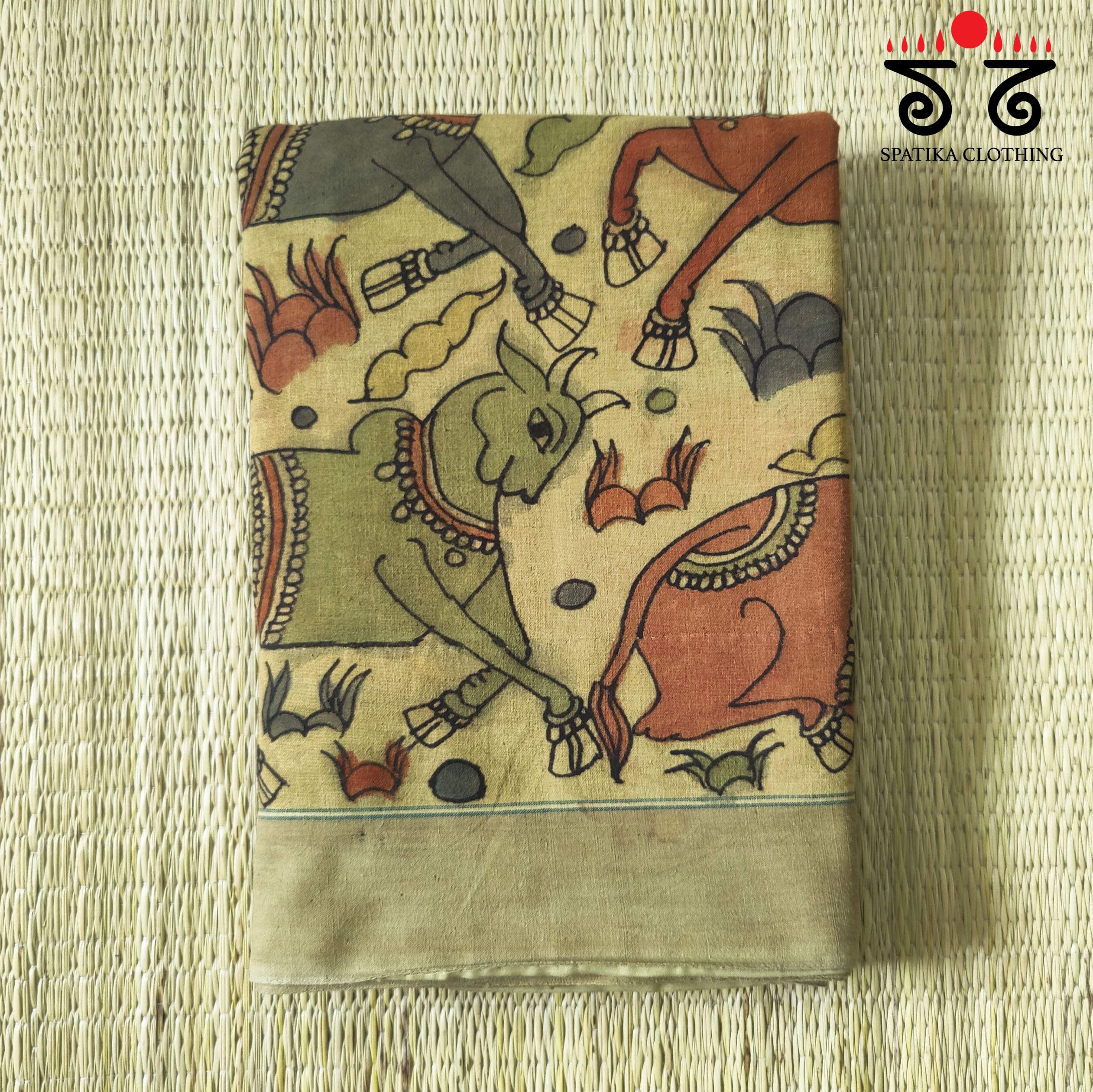 Beige Pen Kalamkari Handspun Cotton Saree