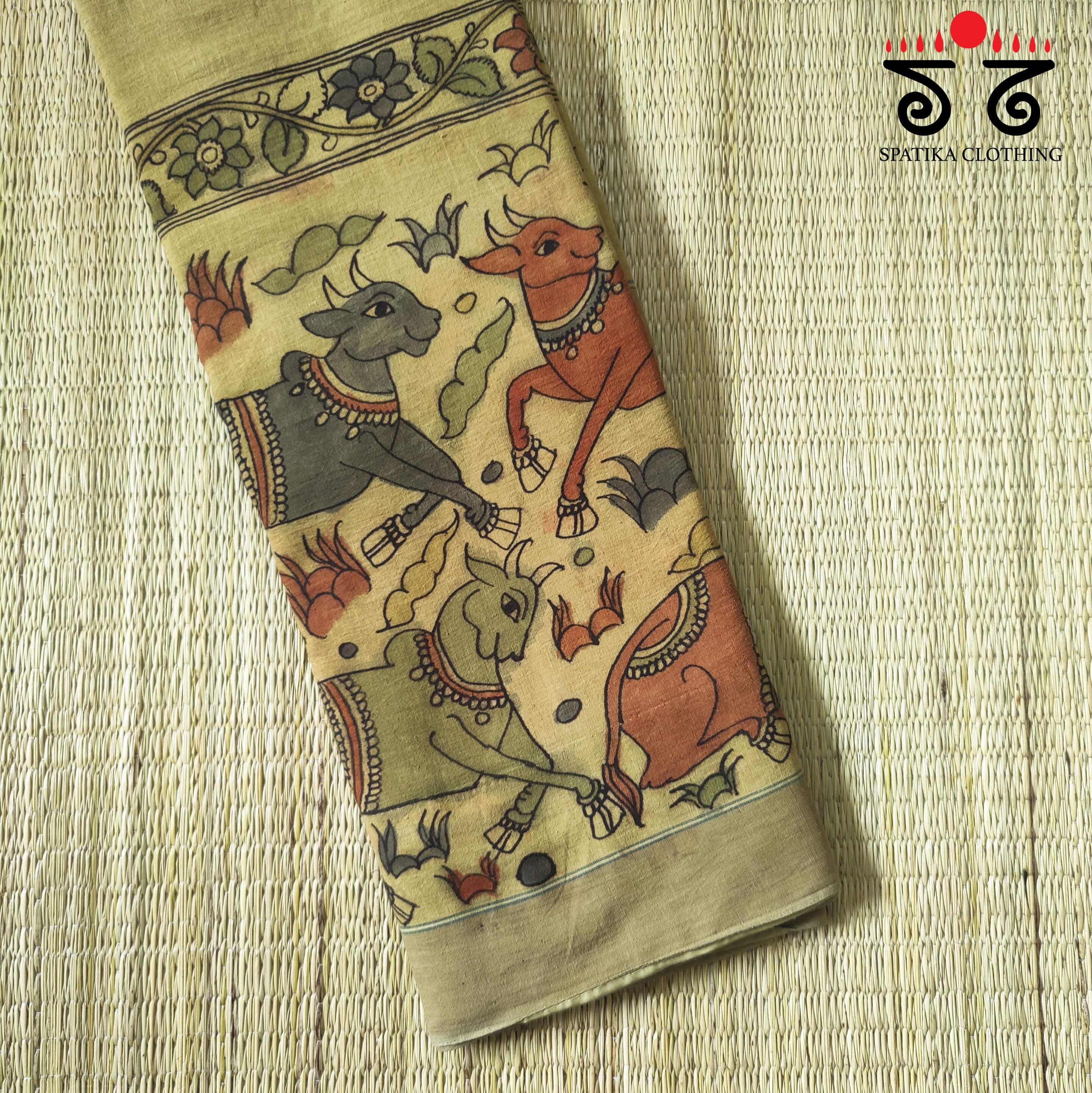 Beige Pen Kalamkari Handspun Cotton Saree