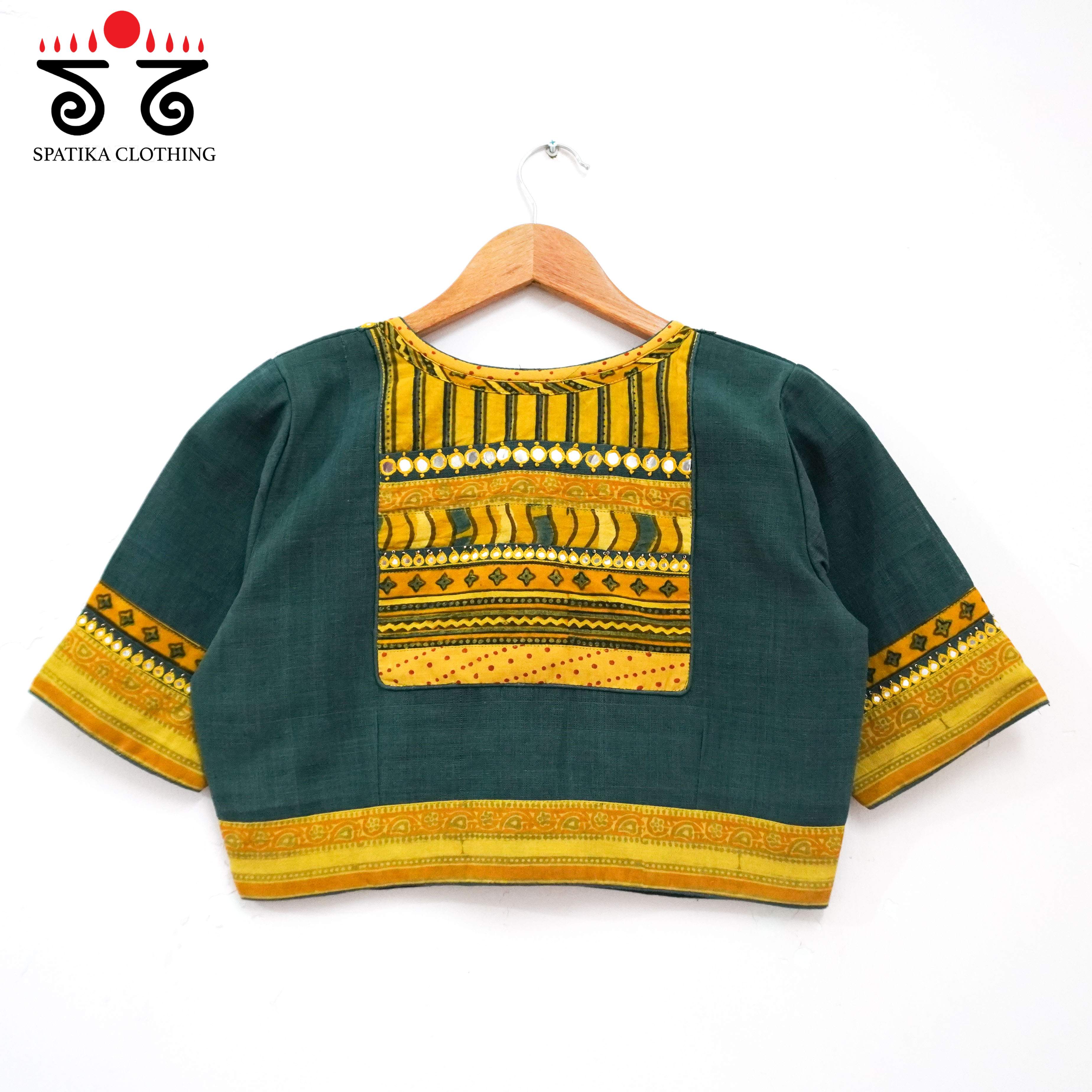 Green Ajrak Patch Work Blouse New!
