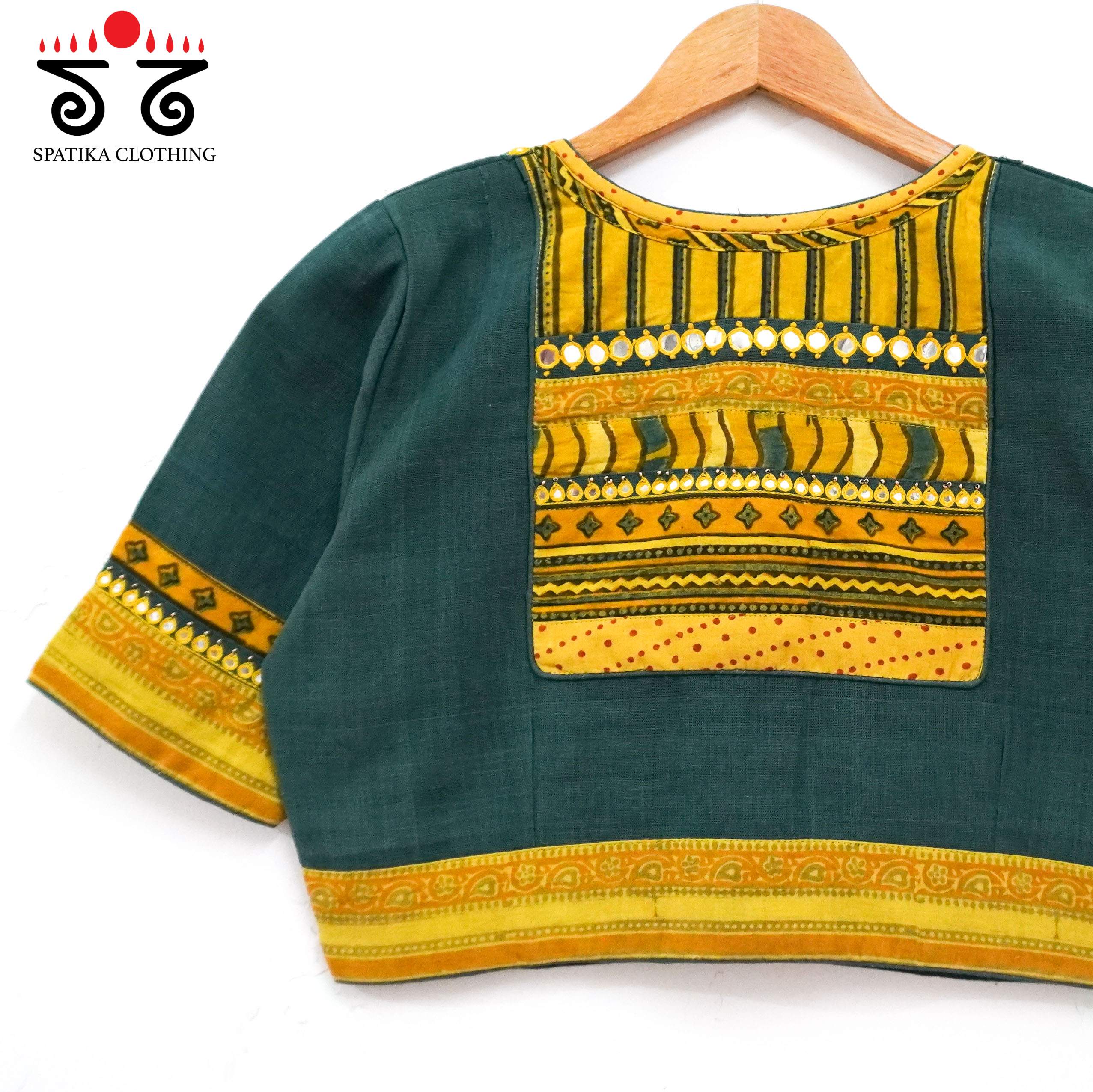 Green Ajrak Patch Work Blouse New!