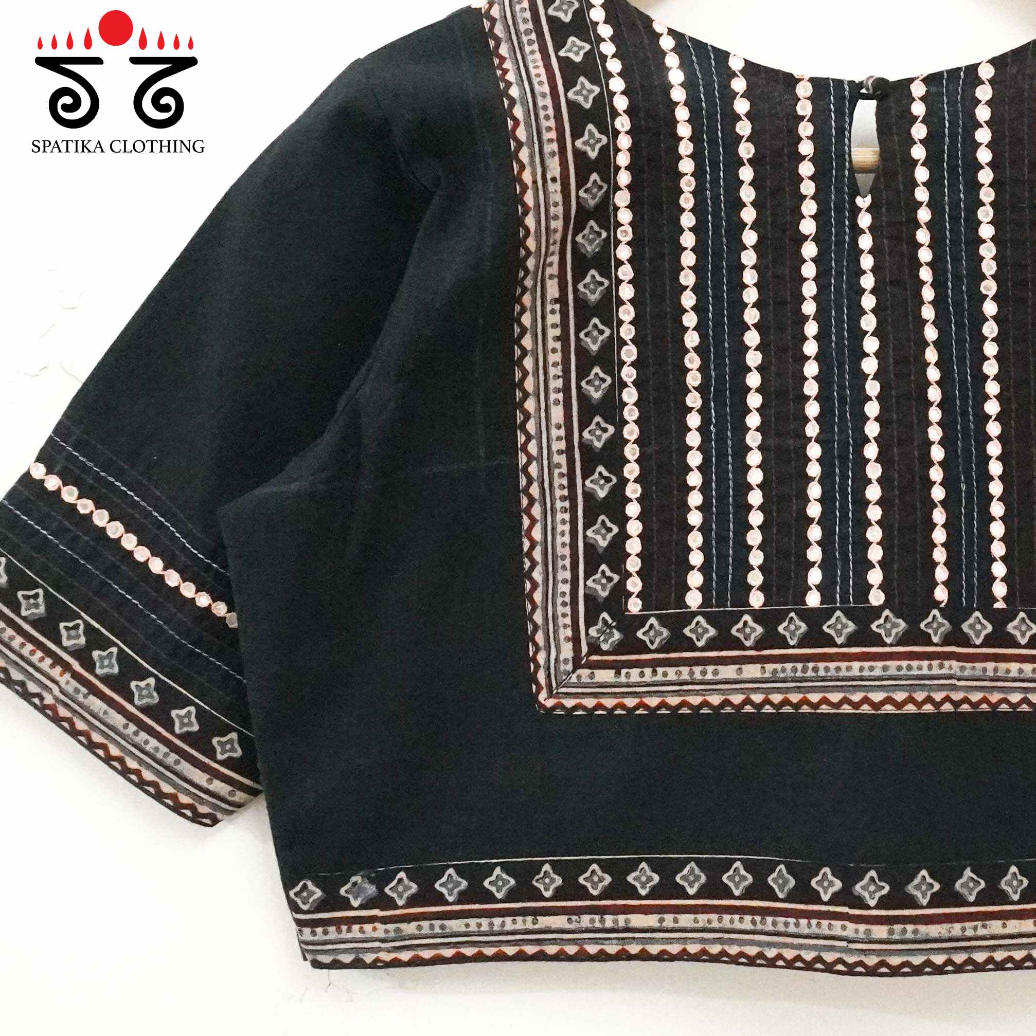 Black & Peach Mirror Work Hand embroidered Blouse