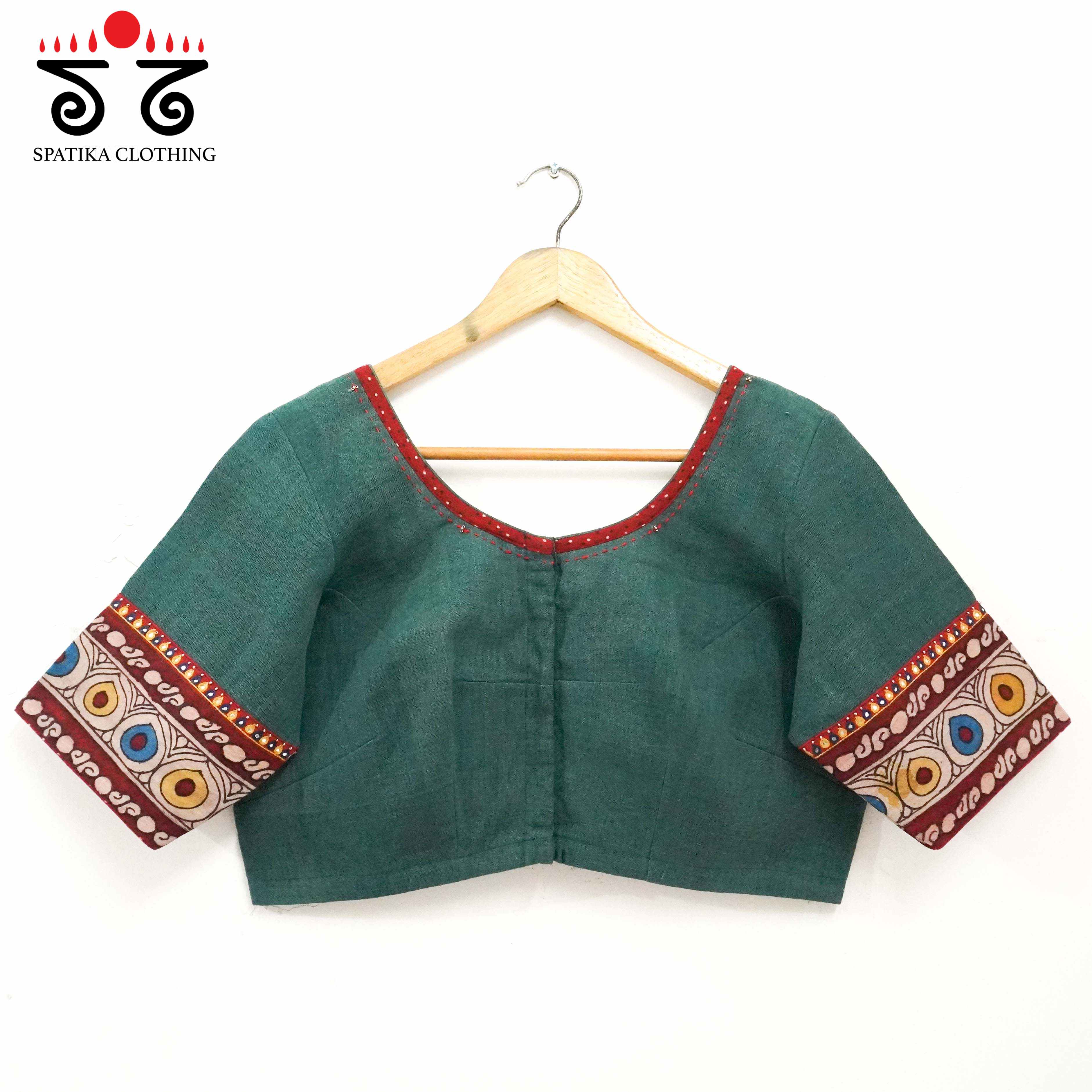 Boondh Pen Kalamkari Green Hand embroidered Blouse
