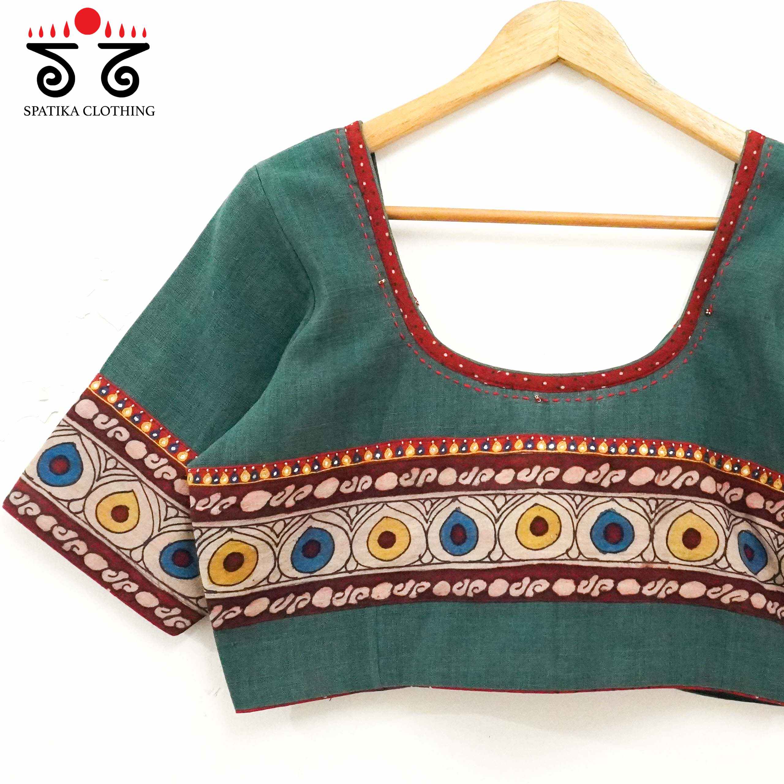 Boondh Pen Kalamkari Green Hand embroidered Blouse