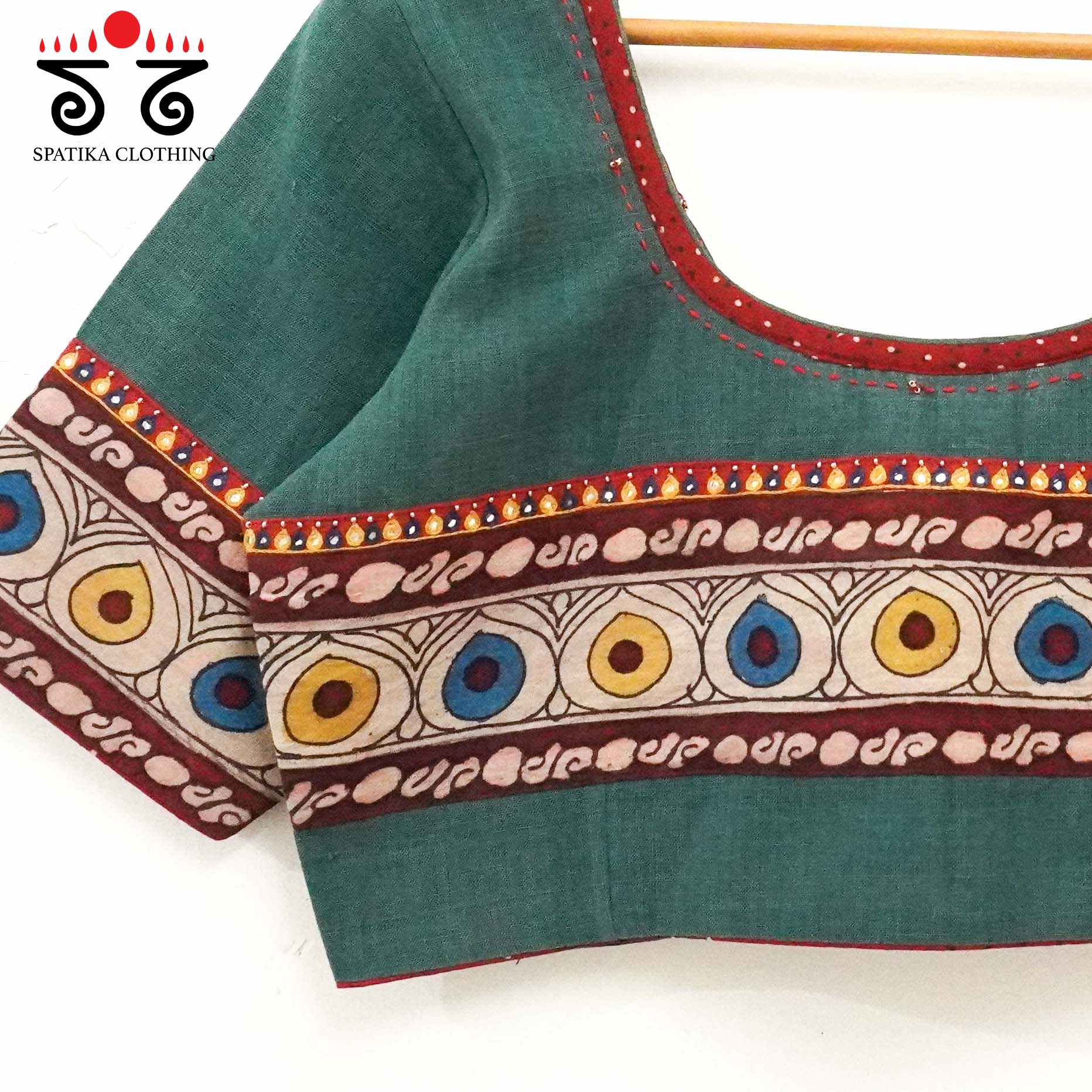 Boondh Pen Kalamkari Green Hand embroidered Blouse