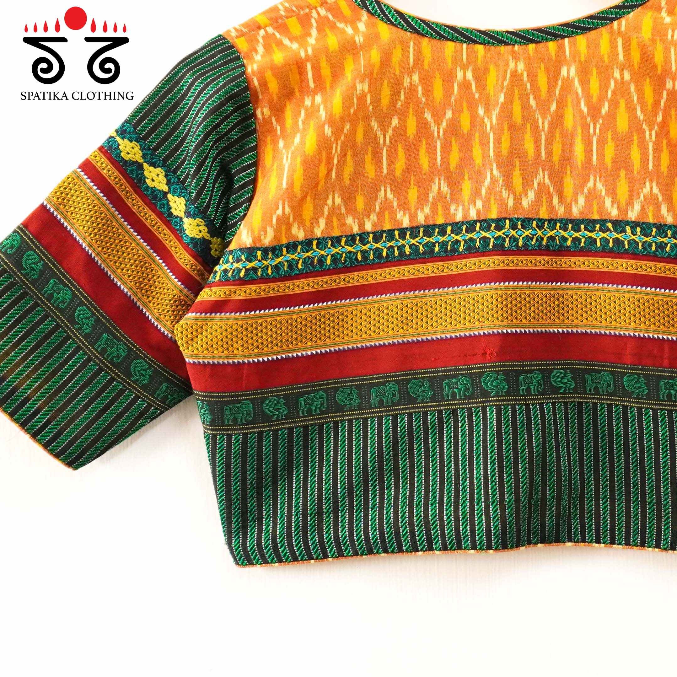 Red, Green & Mustard Ikat Khun-Hand crafted Blouse