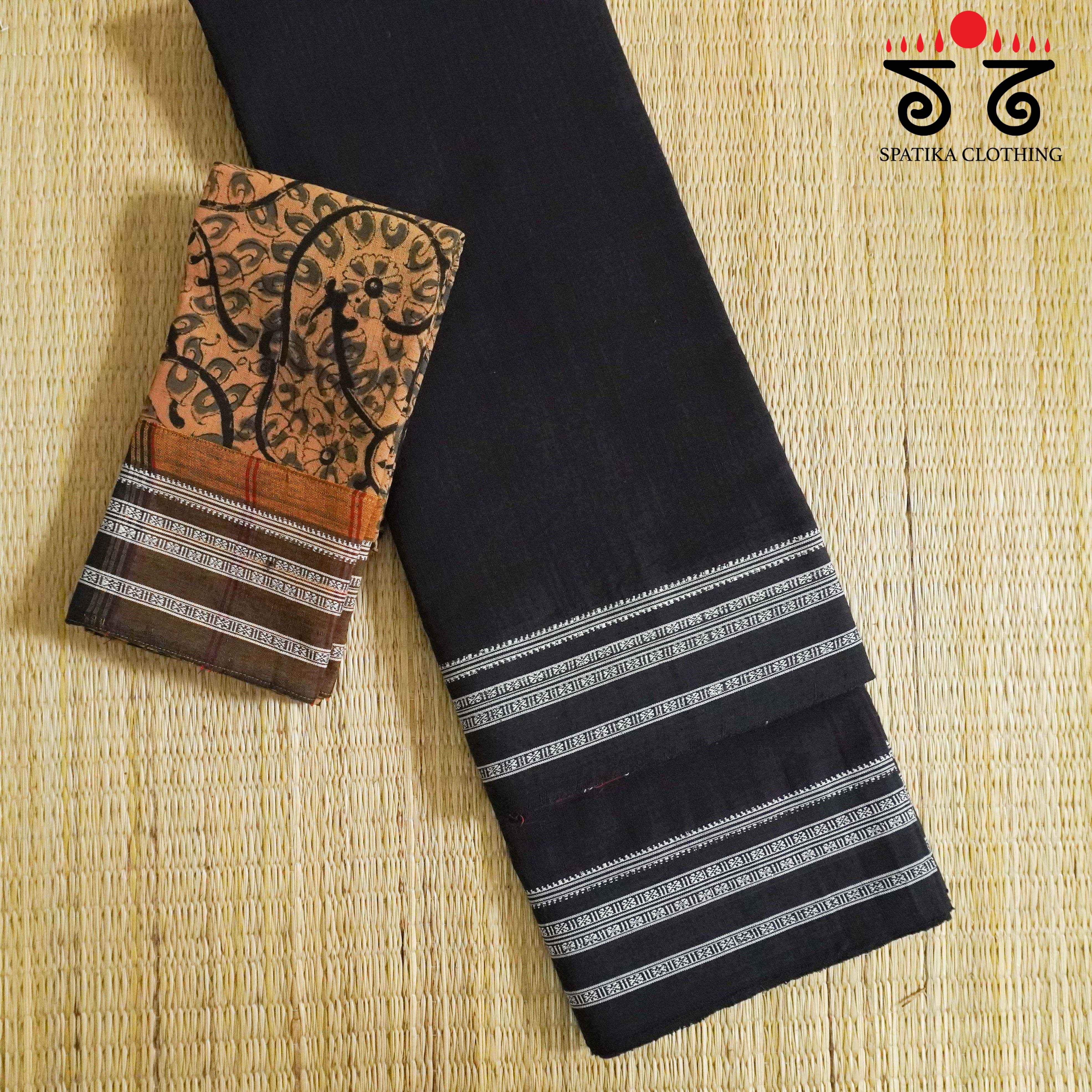 Black Ilkal Handwoven Cotton Saree - Kalamkari Blouse