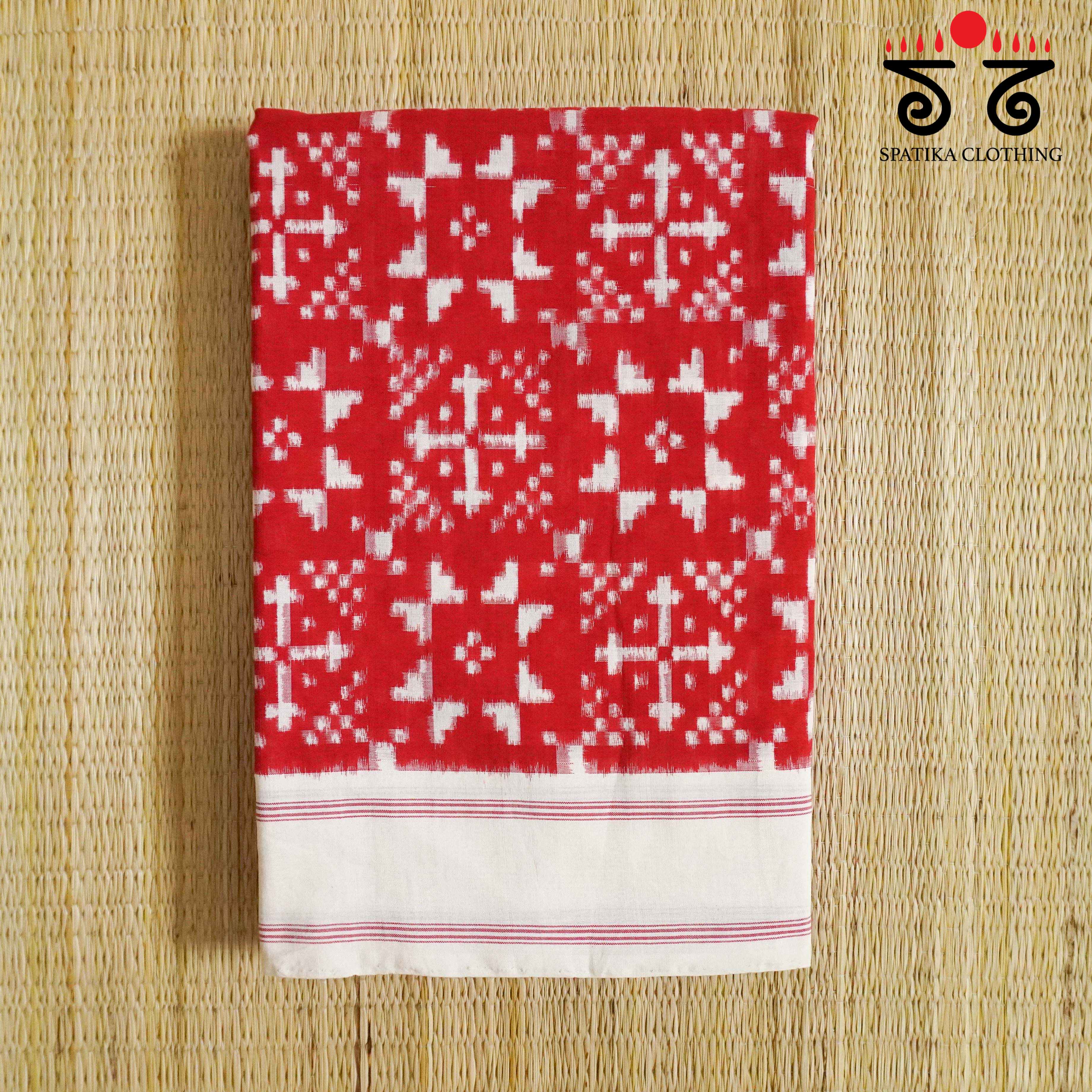 Red & White Telia Double Ikat - Handwoven Cotton Saree