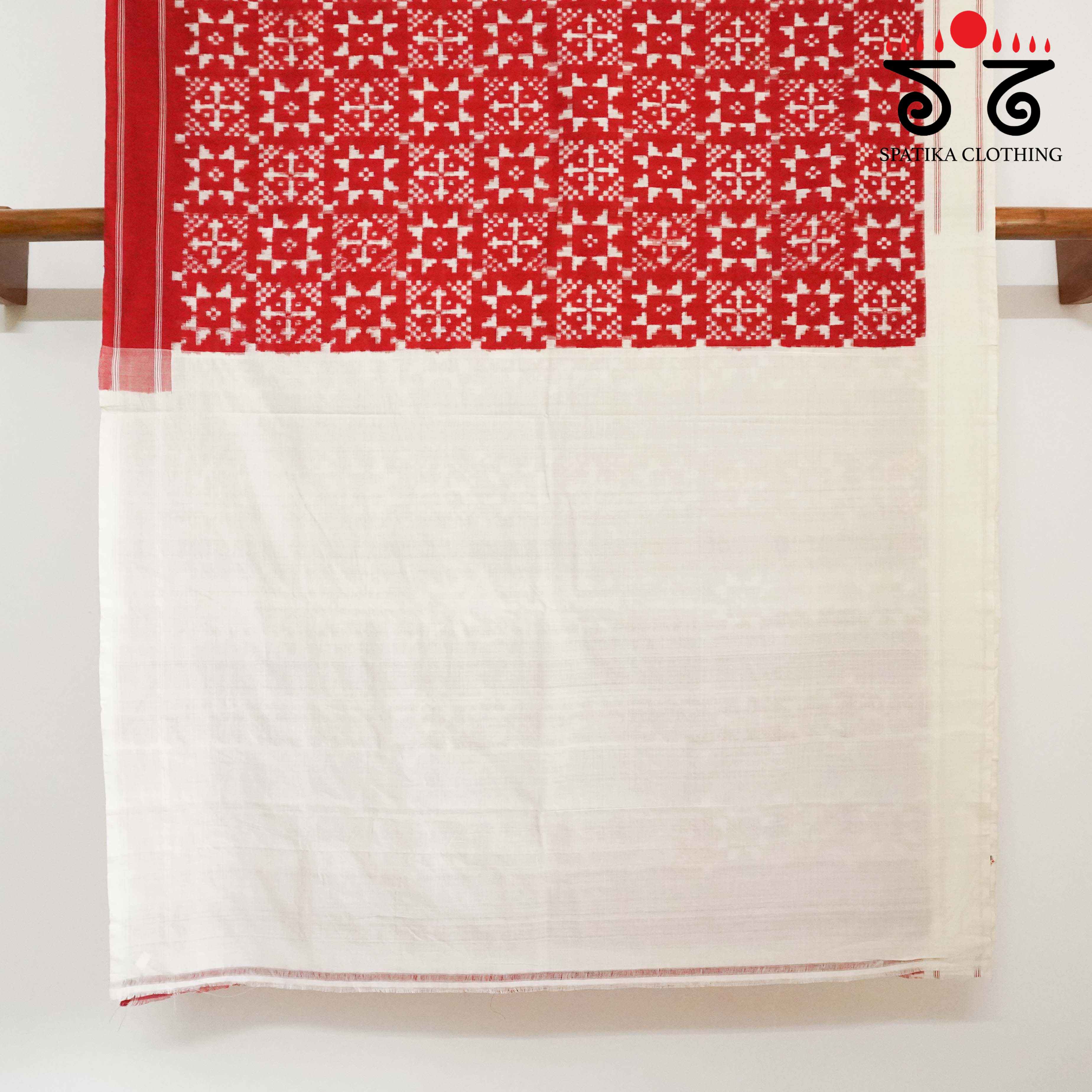 Red & White Telia Double Ikat - Handwoven Cotton Saree