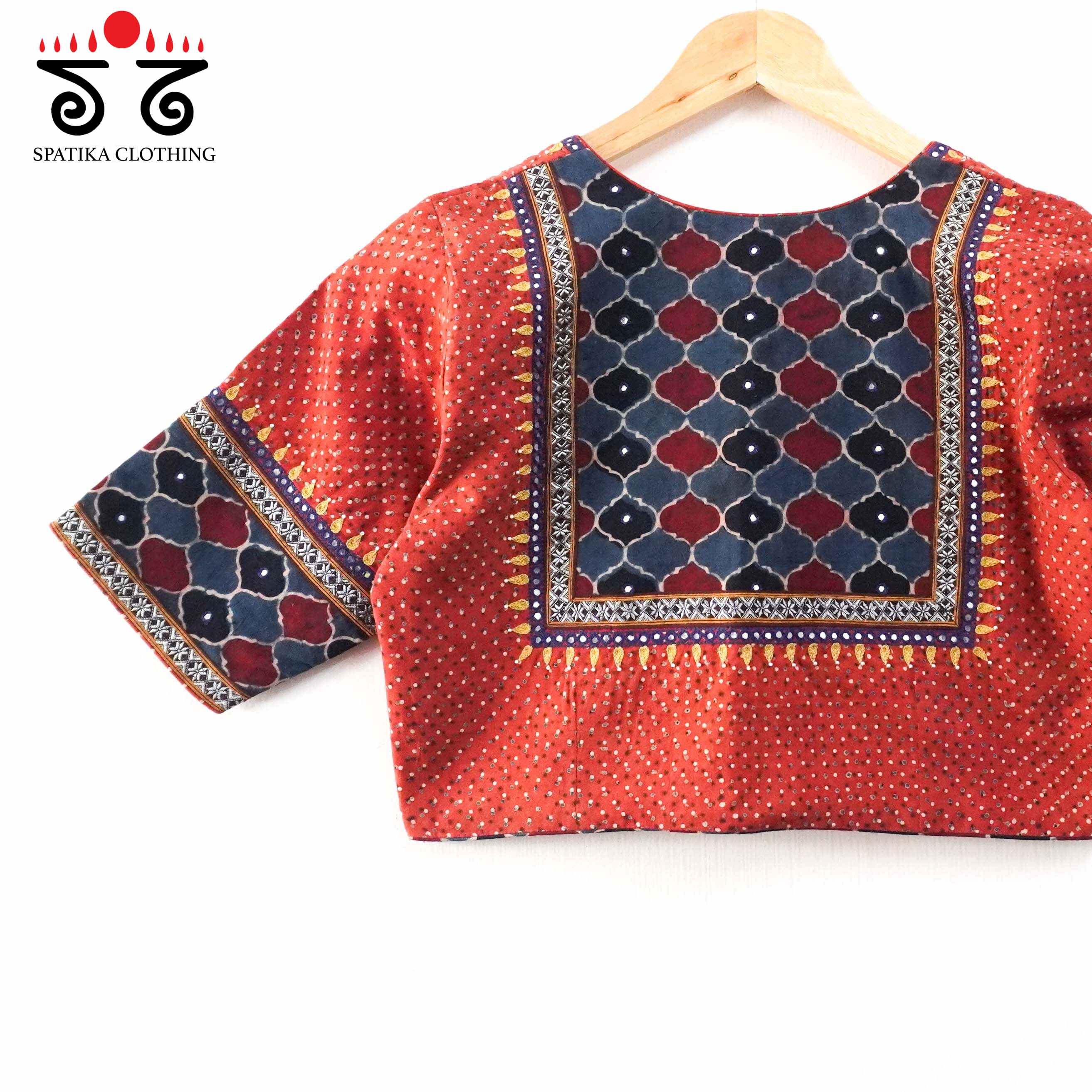 Brick & Blue Ajrak Hand embroidered Blouse