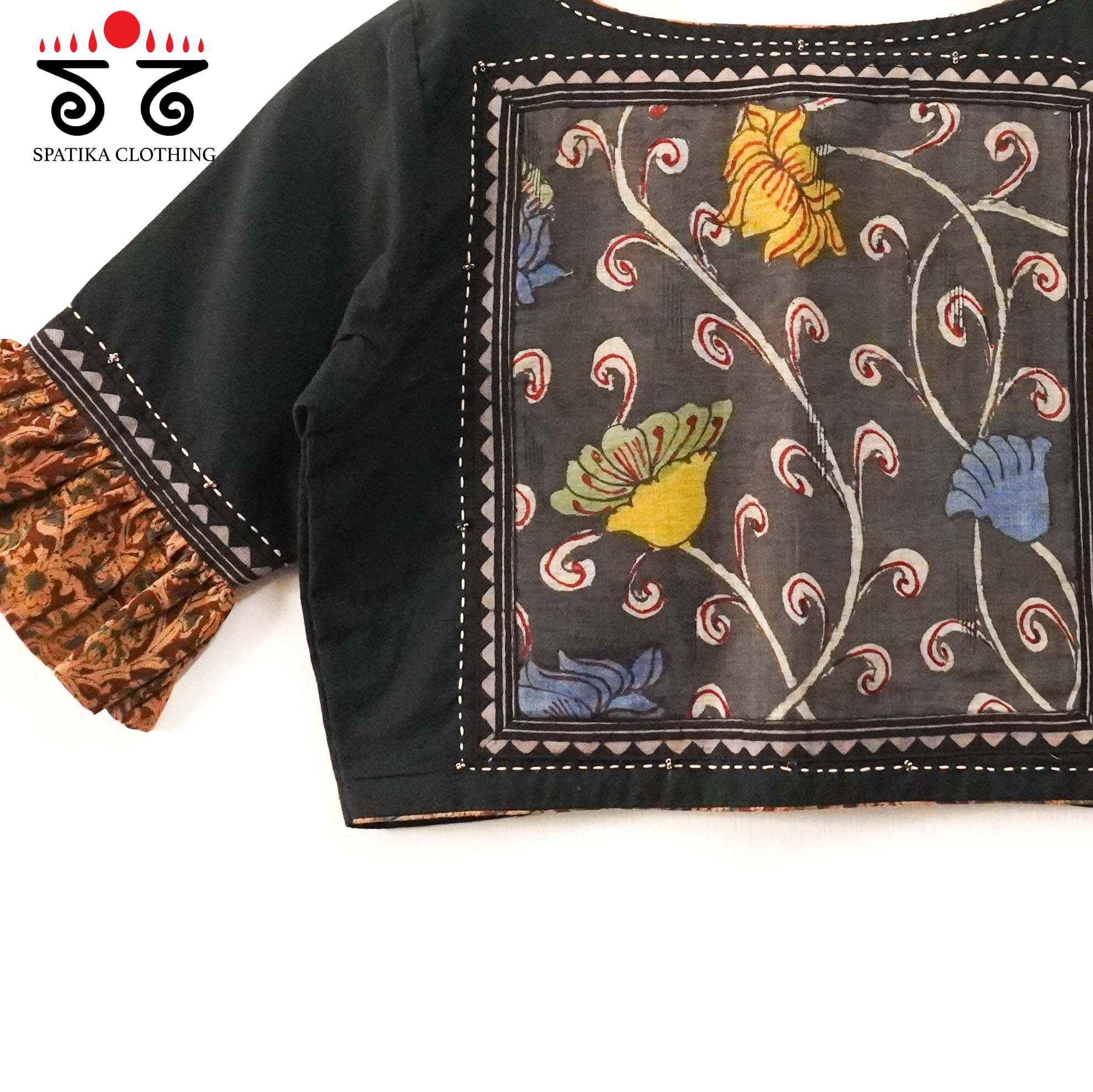 Black Pen Kalamkari Frilled Sleeves Blouse