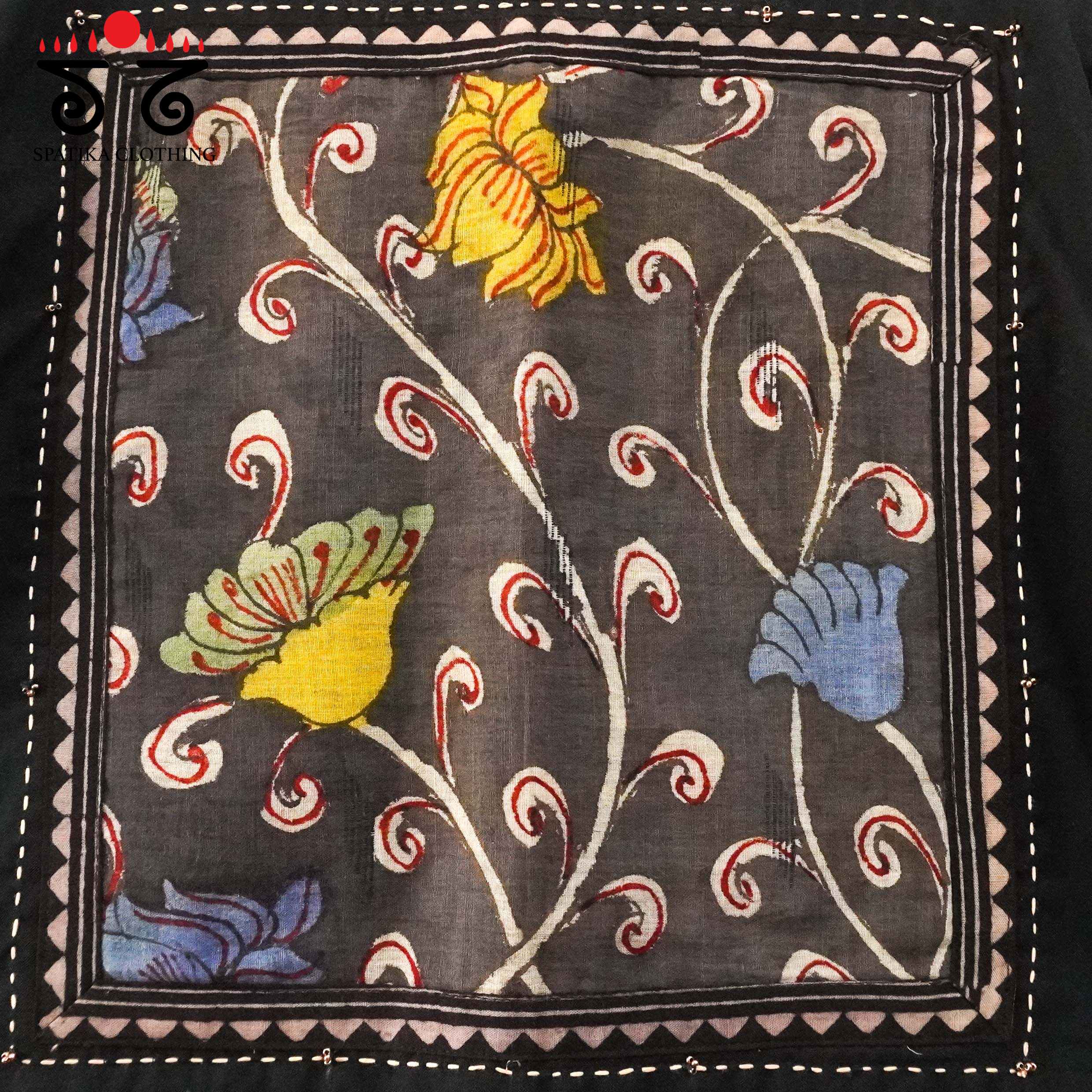 Black Pen Kalamkari Frilled Sleeves Blouse