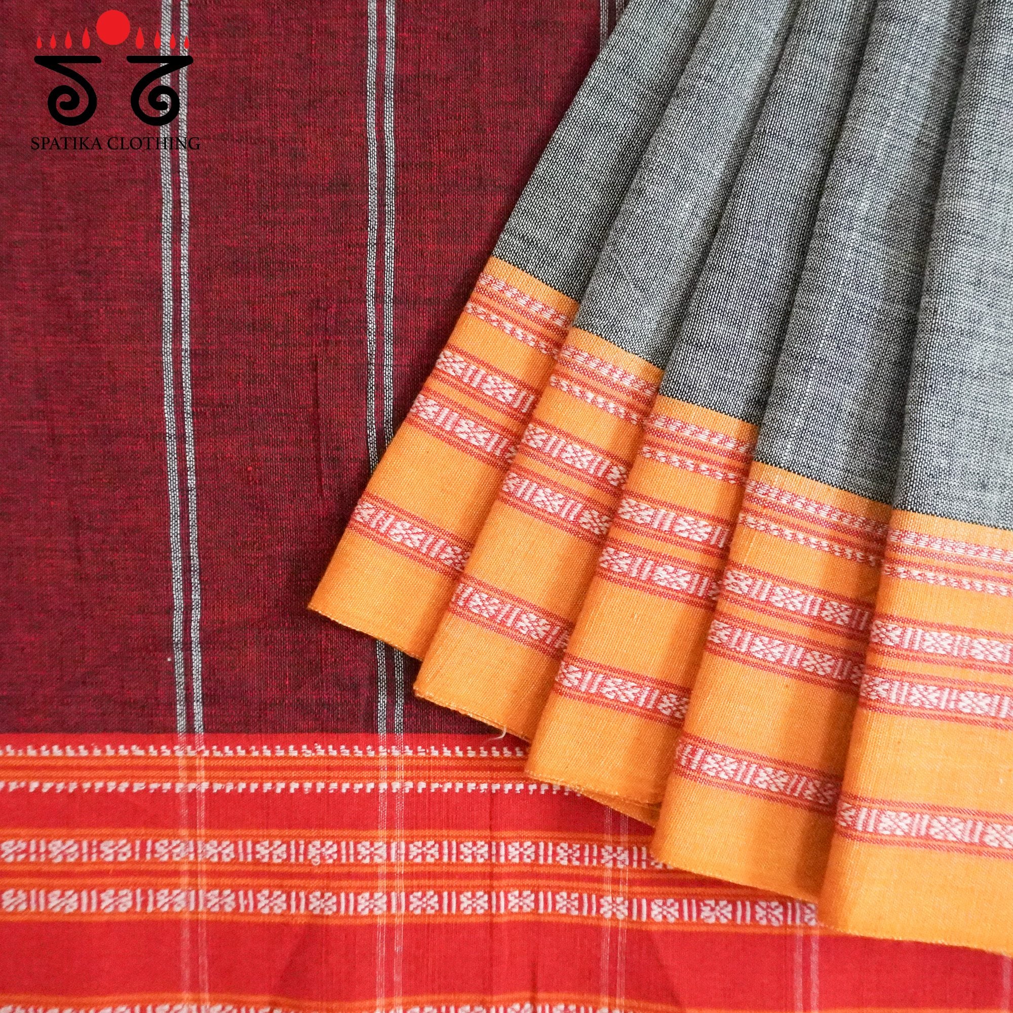 Grey Ilkal Handwoven Cotton Saree - Ajrak Blouse