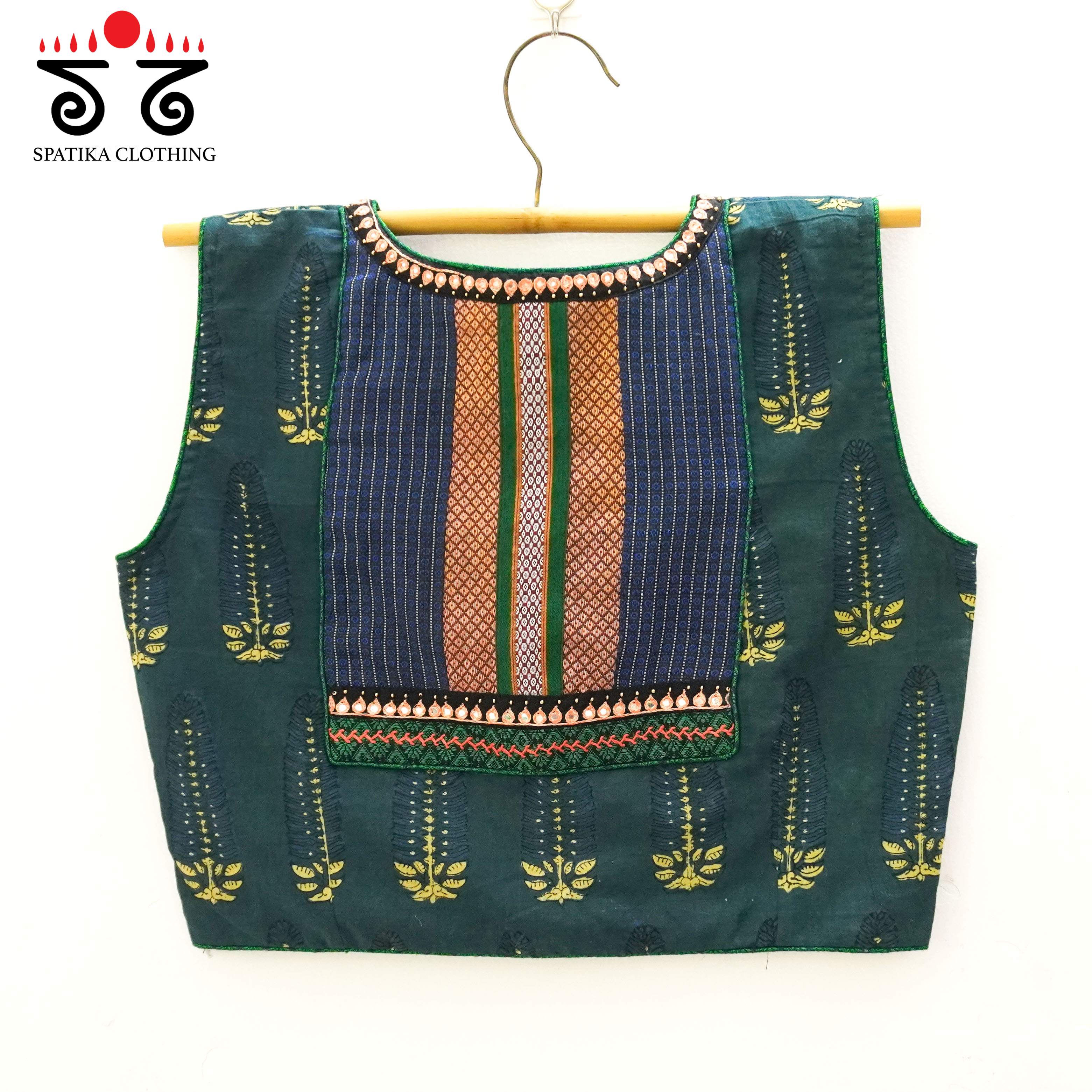 Green Ajrak Hand-embroidered Sleeveless Blouse