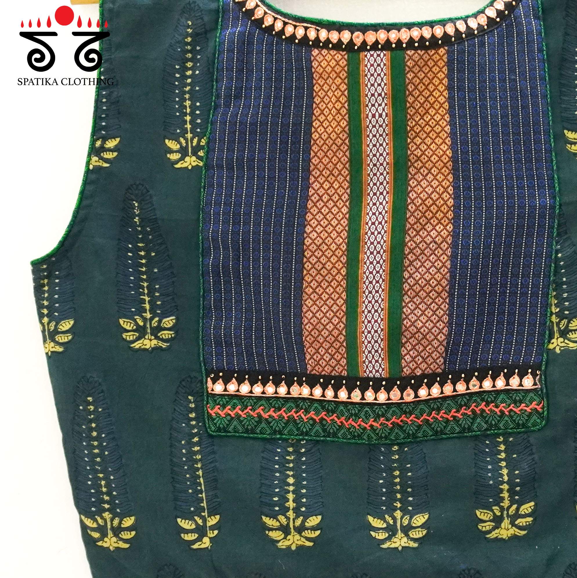 Green Ajrak Hand-embroidered Sleeveless Blouse