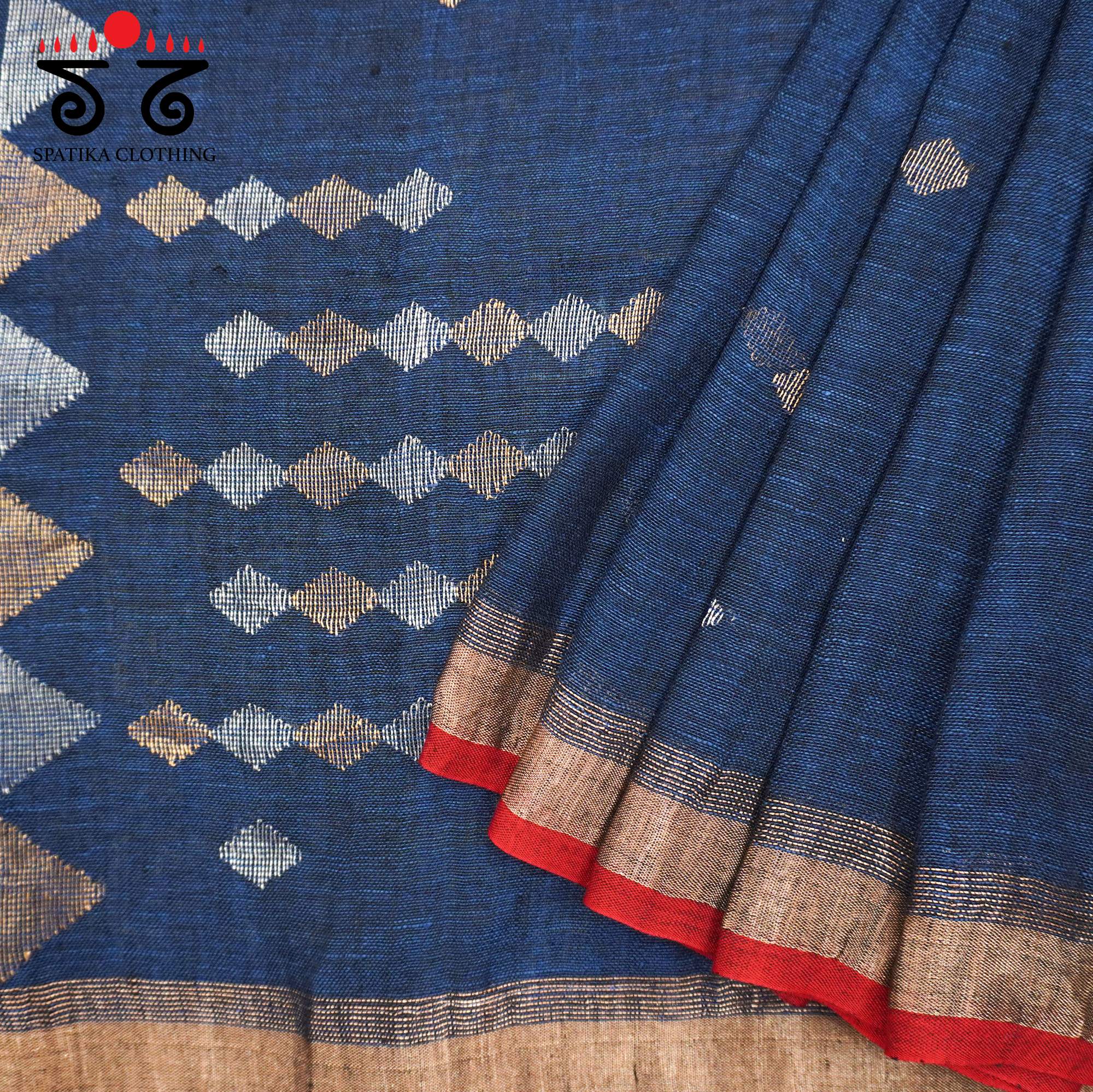 Dark Blue Jamdhani-Linen Cotton Saree