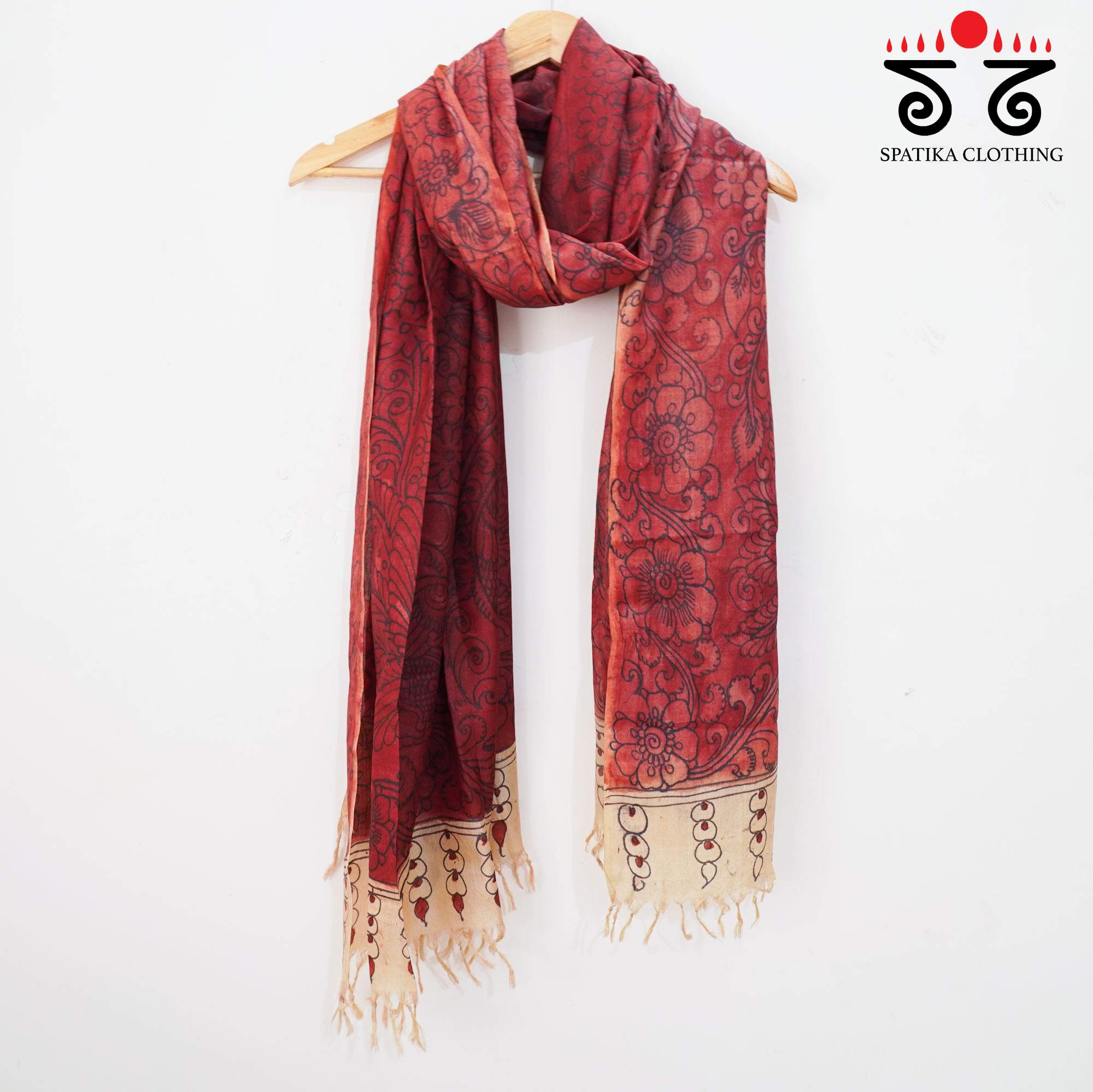Red Pen Kalamkari Tussar Silk Dupatta