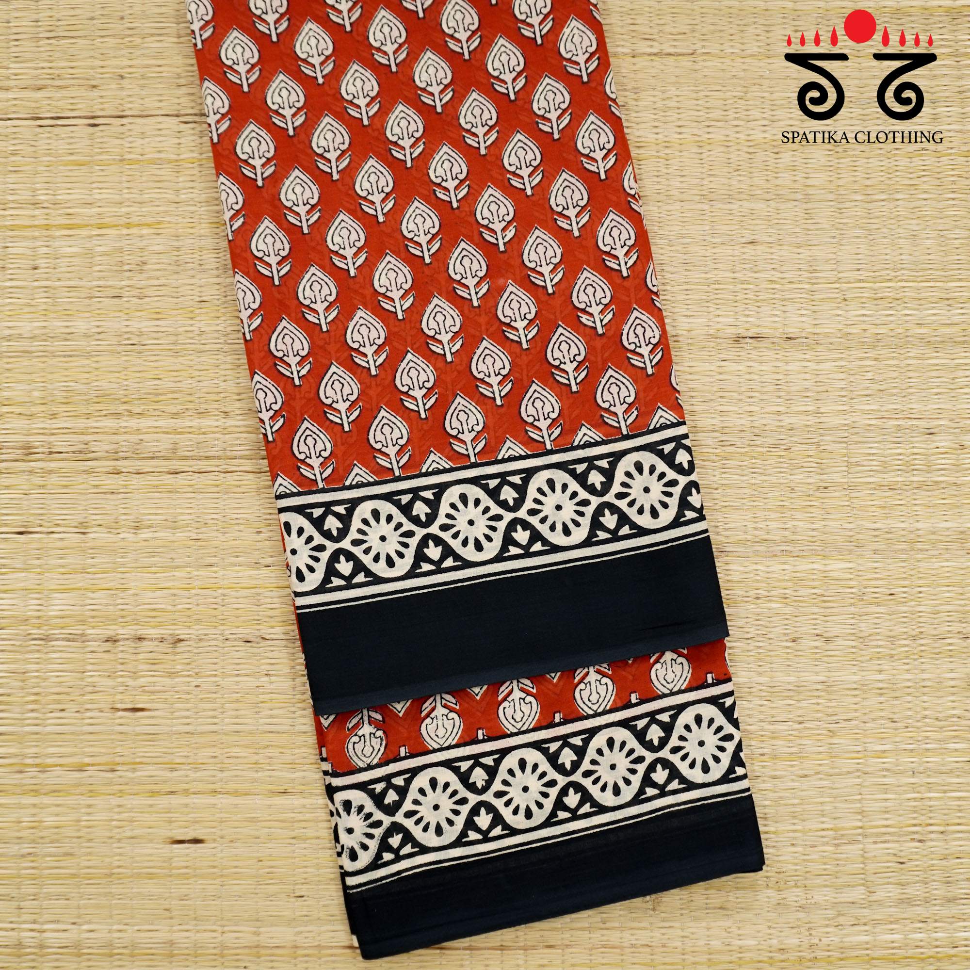 Red Hand Block Printed Mul Cotton Saree