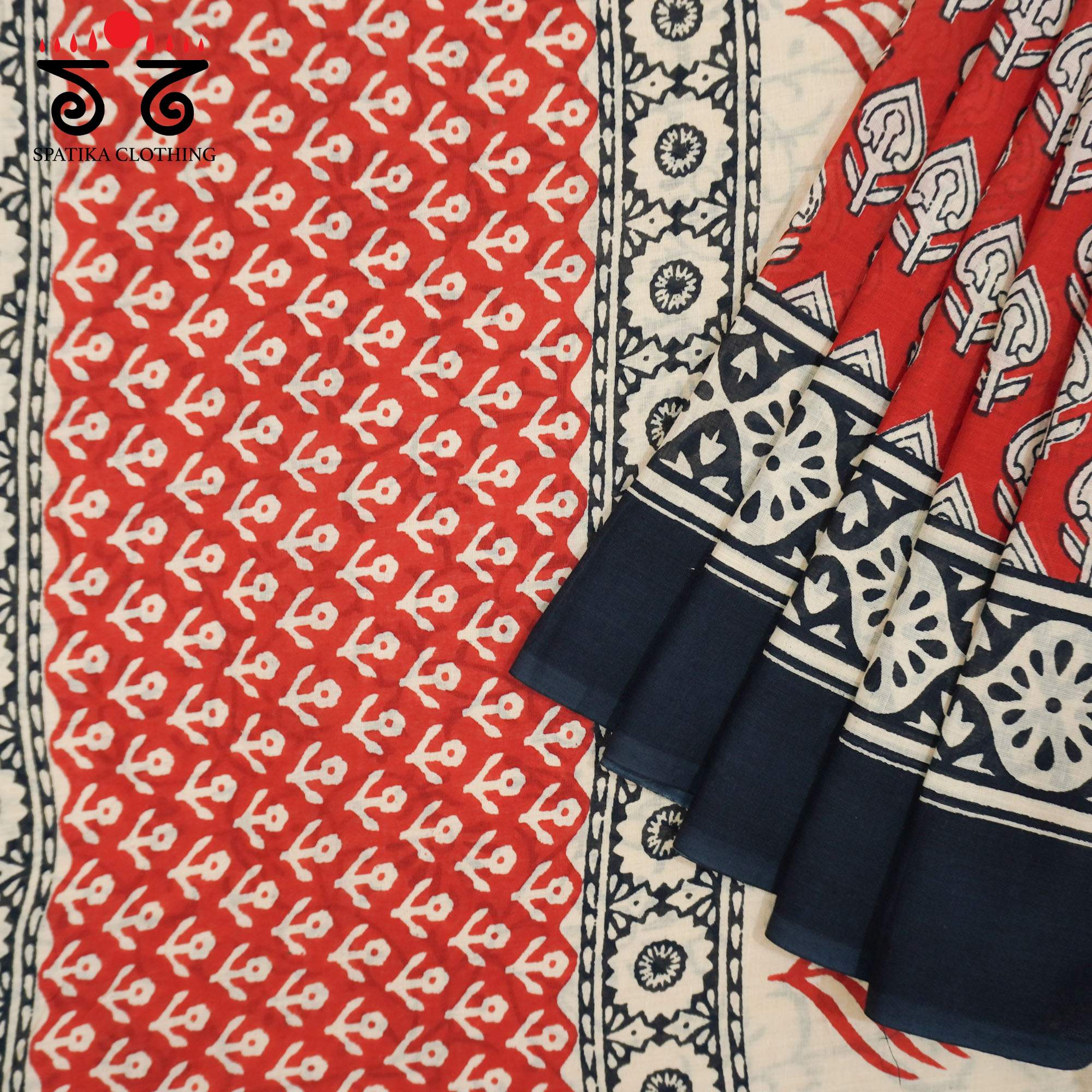 Red Hand Block Printed Mul Cotton Saree