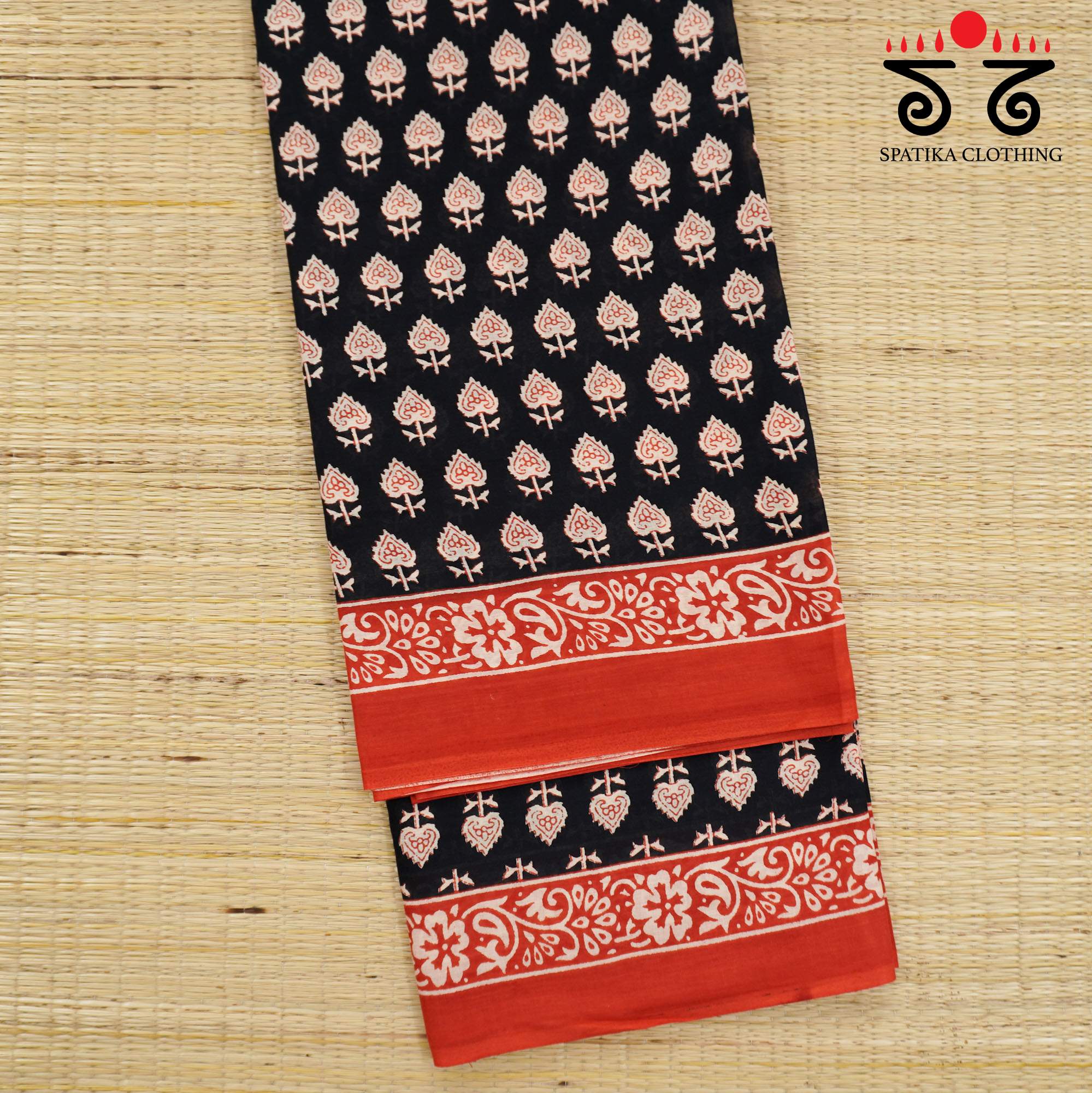 Black Hand Block Printed Mul Cotton Saree
