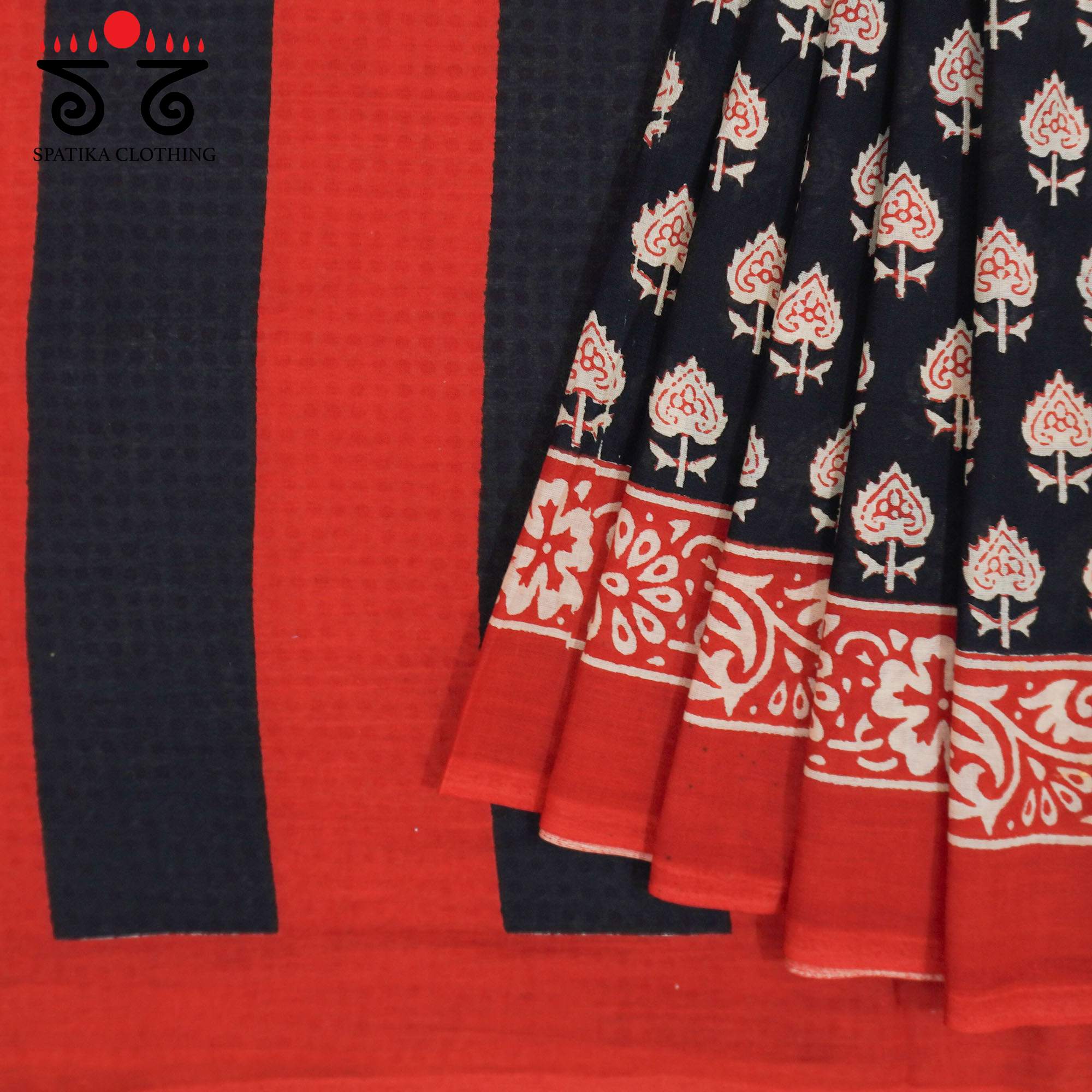 Black Hand Block Printed Mul Cotton Saree