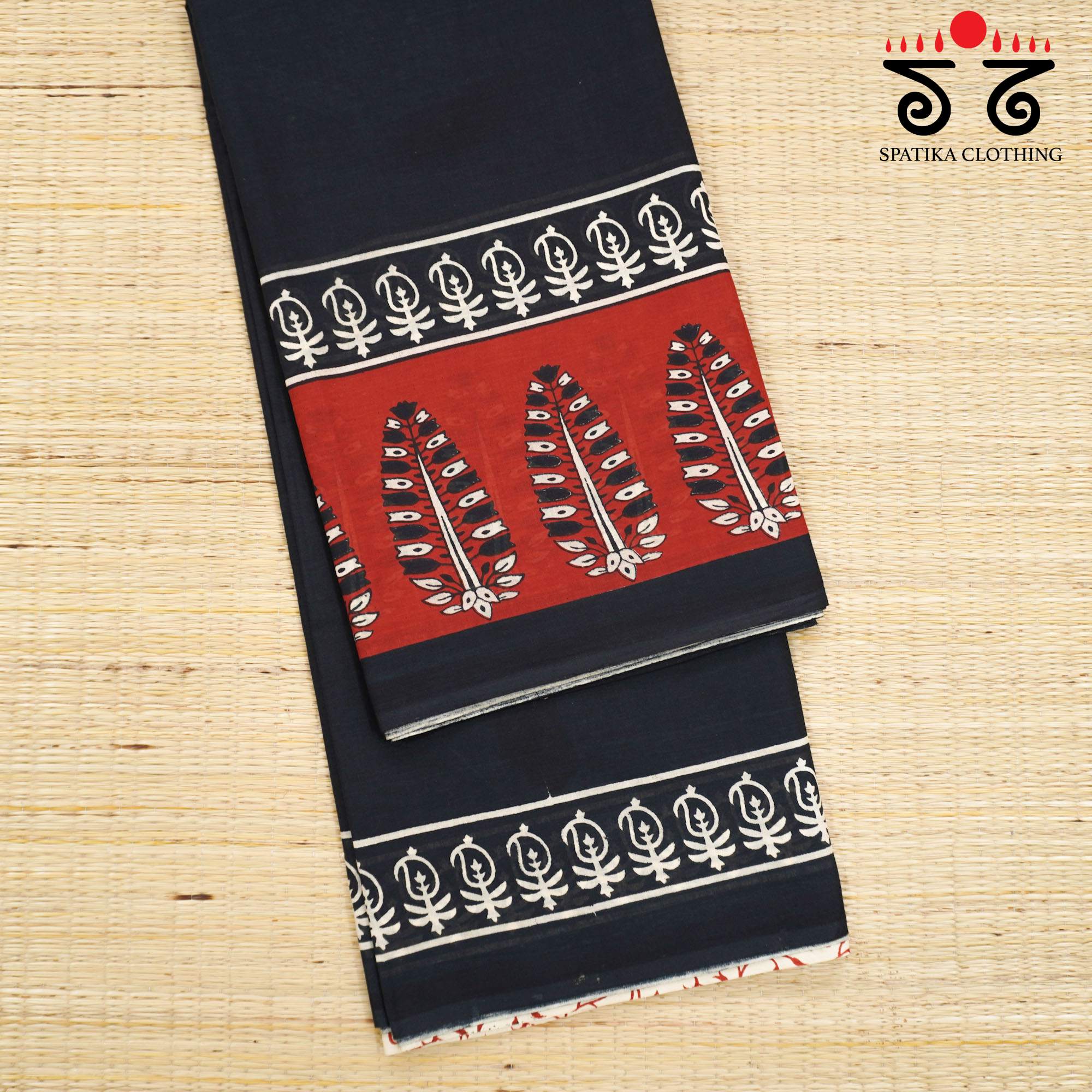 Black & Red Hand Block Printed Mul Cotton Saree