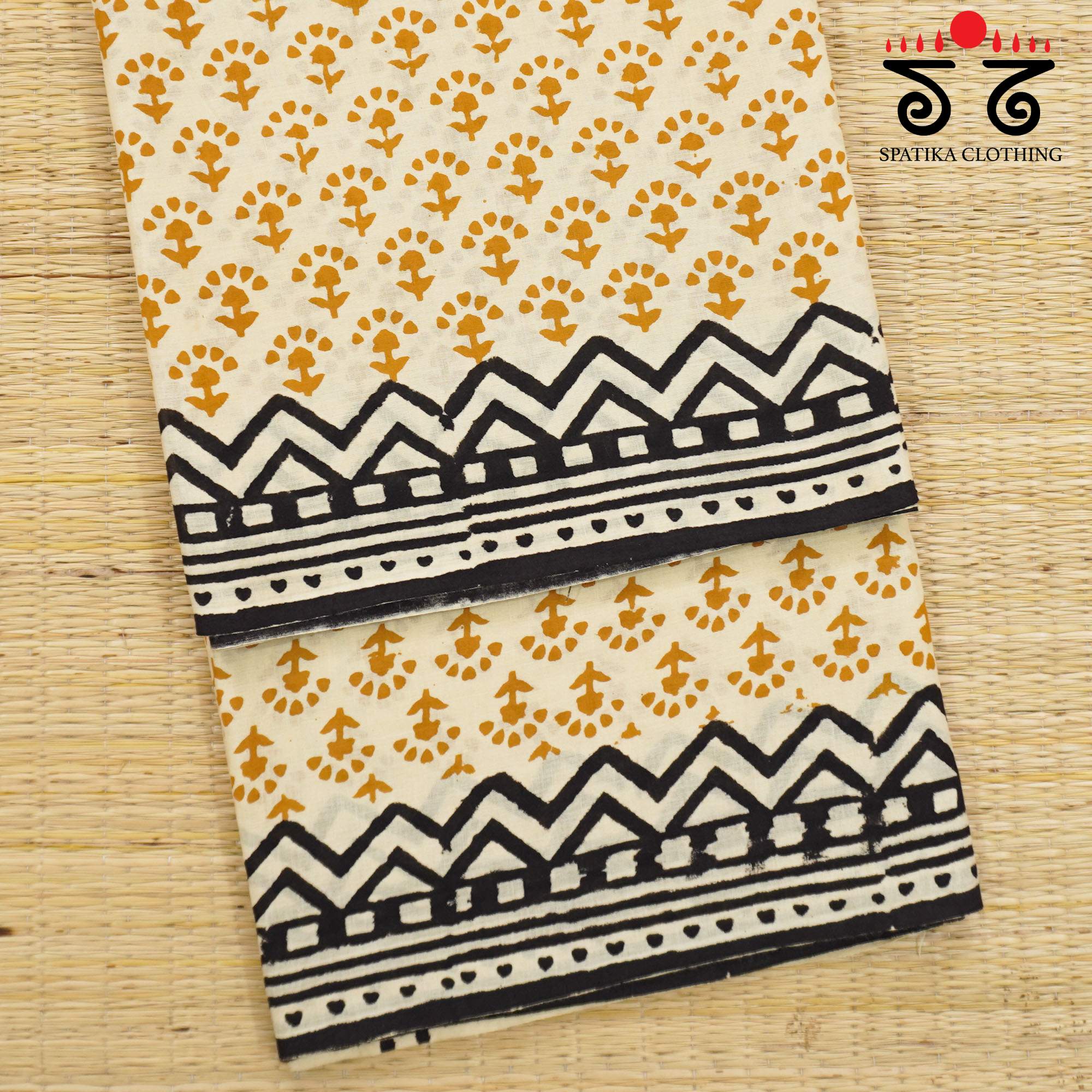 Beige Hand Block Printed Mul Cotton Saree