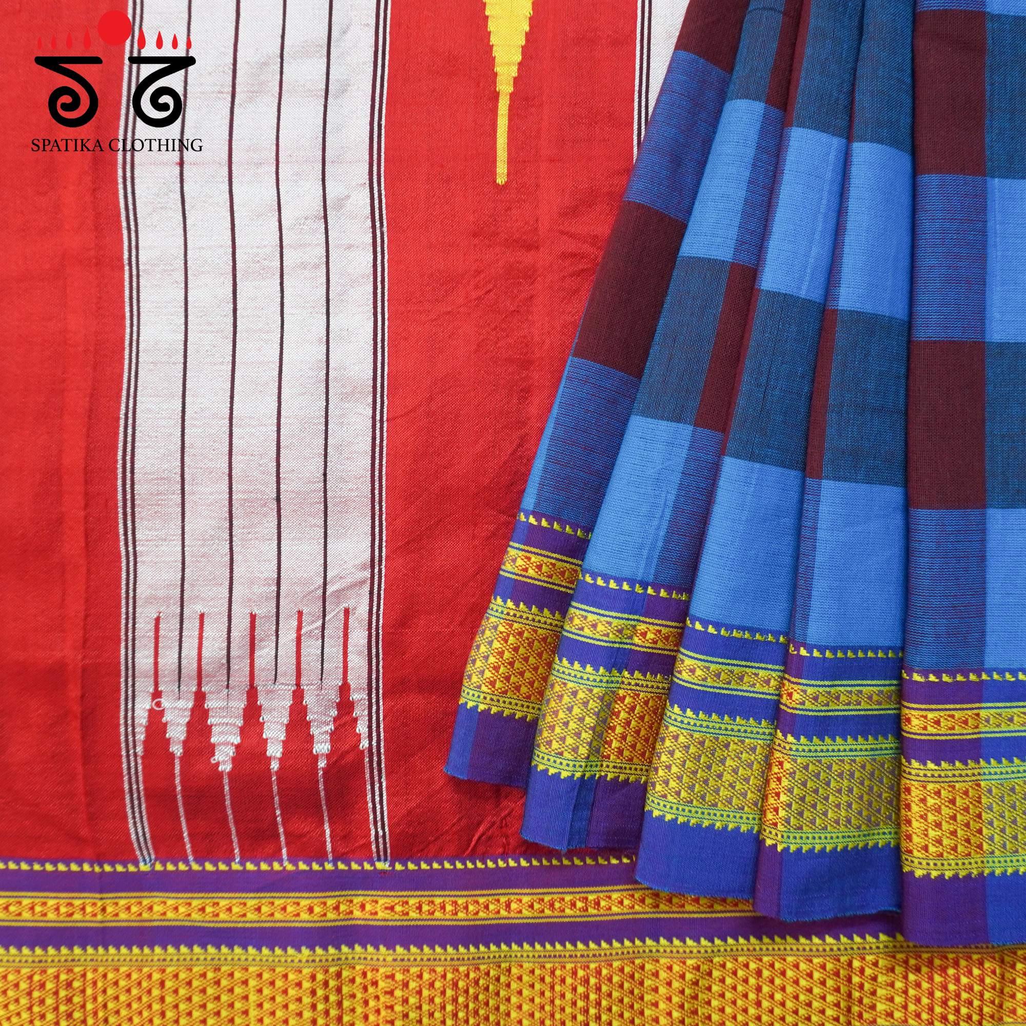 Blue Ilkal Handwoven Cotton Saree - Bandhani Blouse