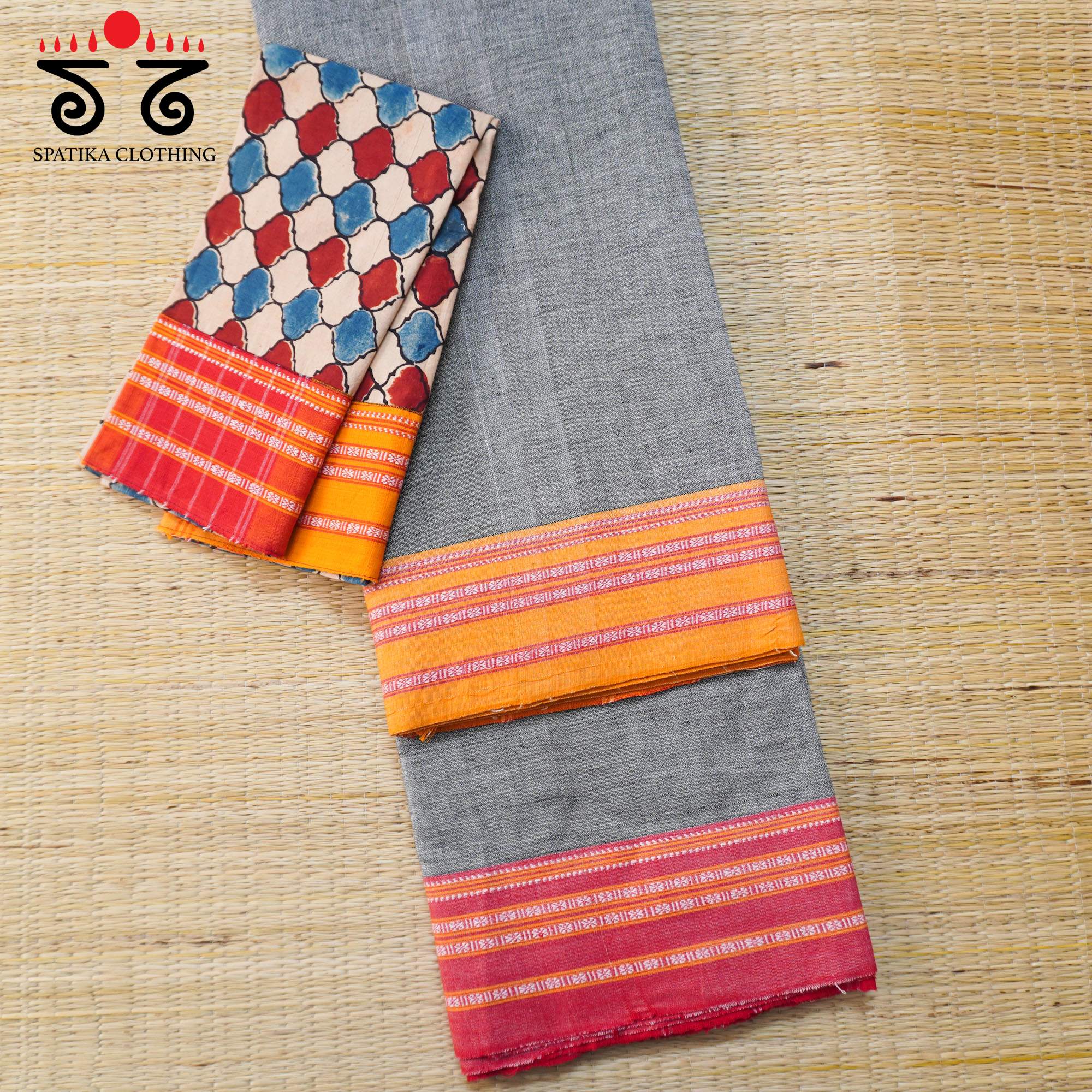 Grey Ilkal Handwoven Cotton Saree - Ajrak Blouse