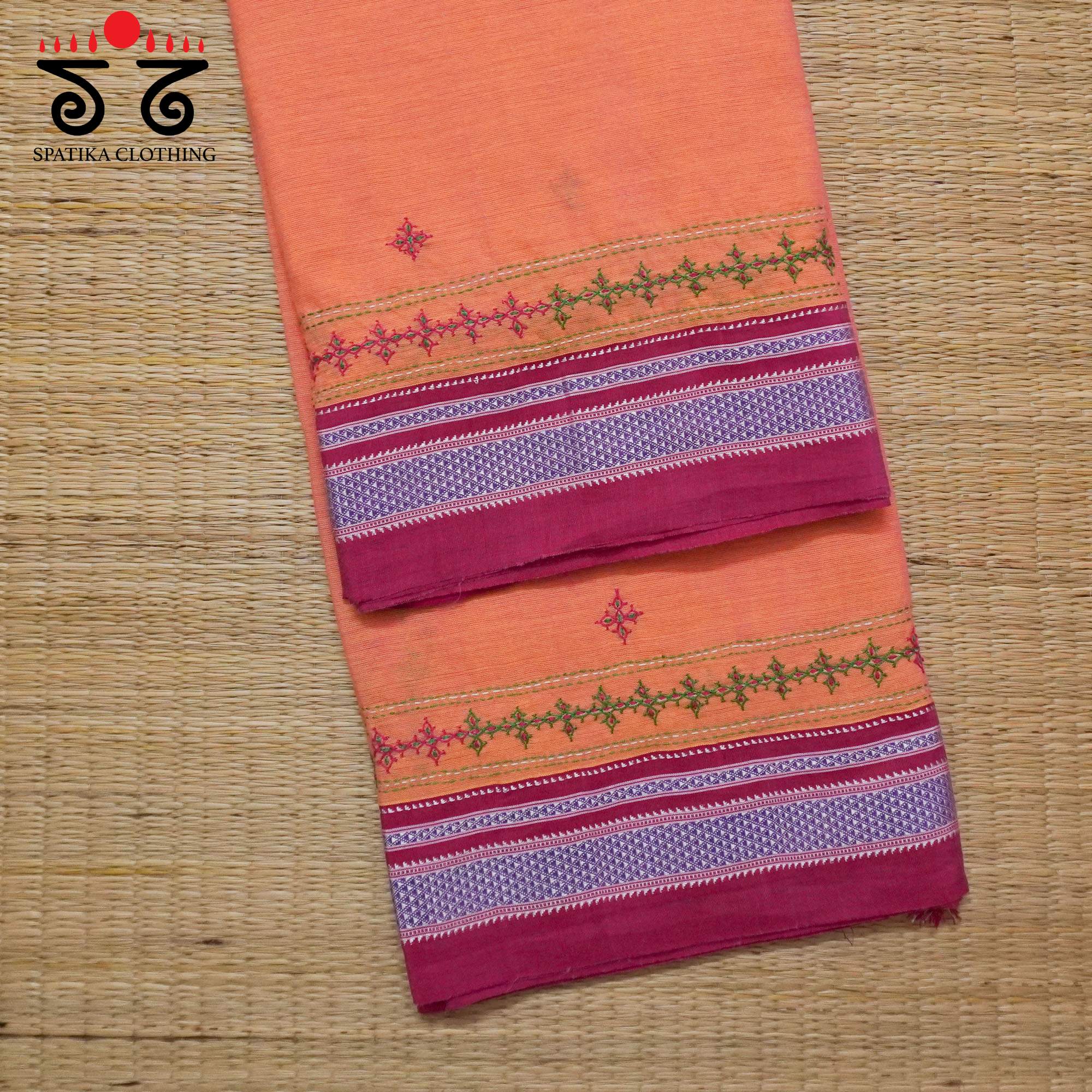 Orange Ilkal Hand Embroidered Cotton Saree