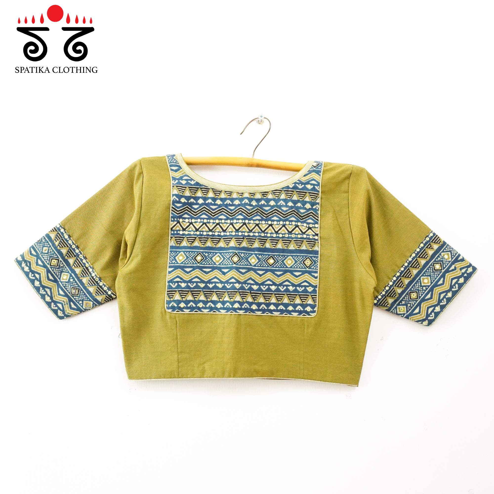 Green Ajrak Patch Work Blouse New!