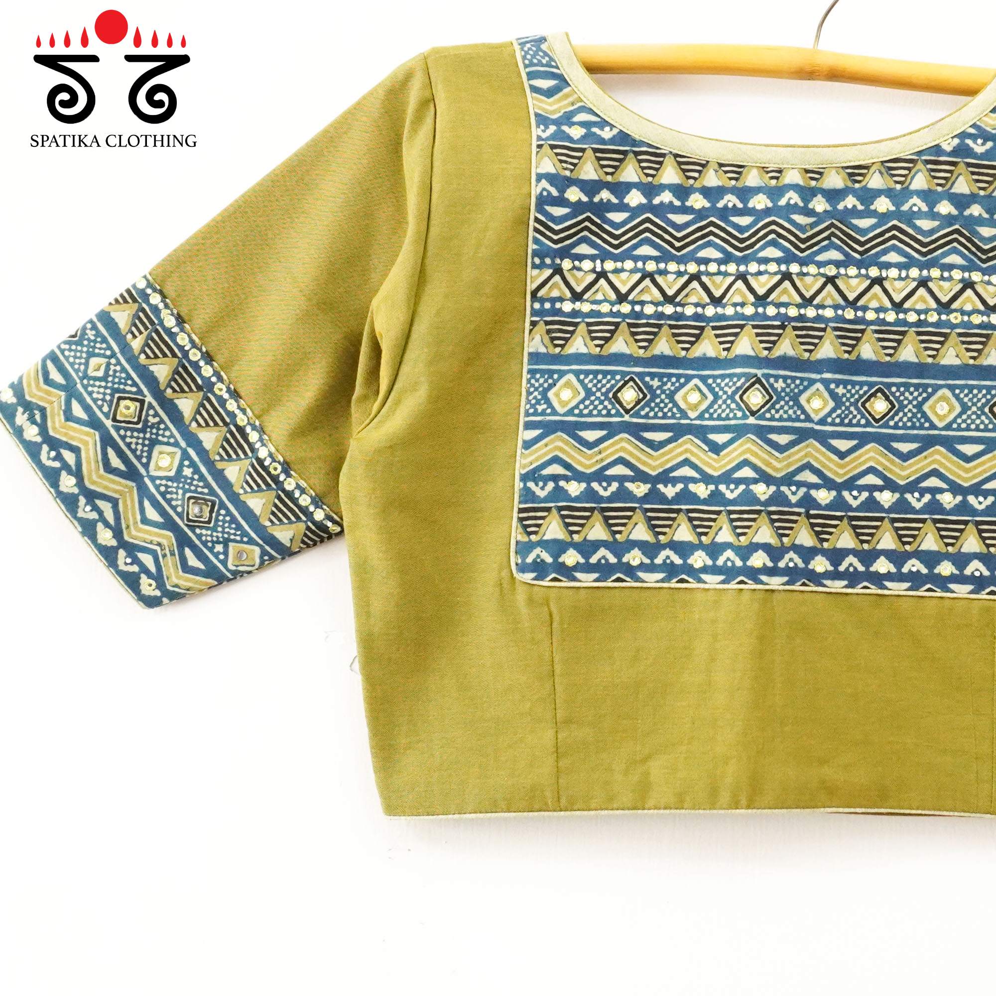Green Ajrak Patch Work Blouse New!