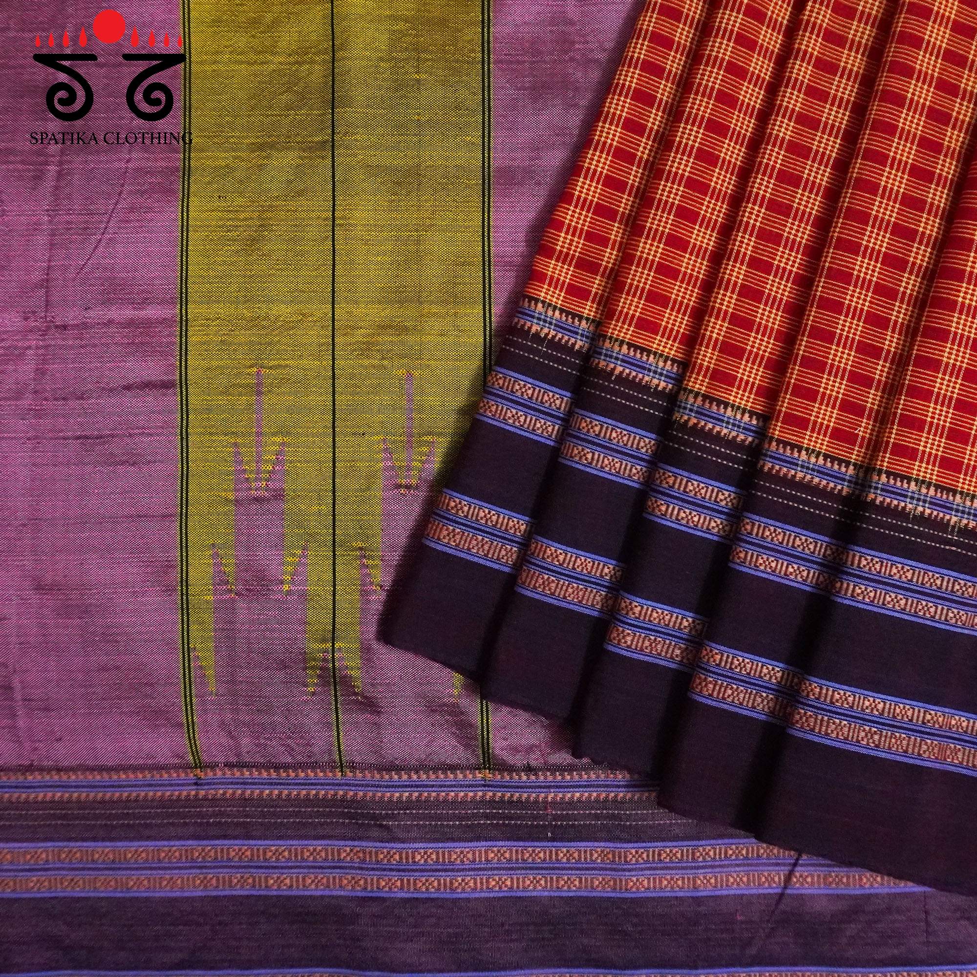 Red Ilkal Handwoven Cotton Saree - Ikat Blouse
