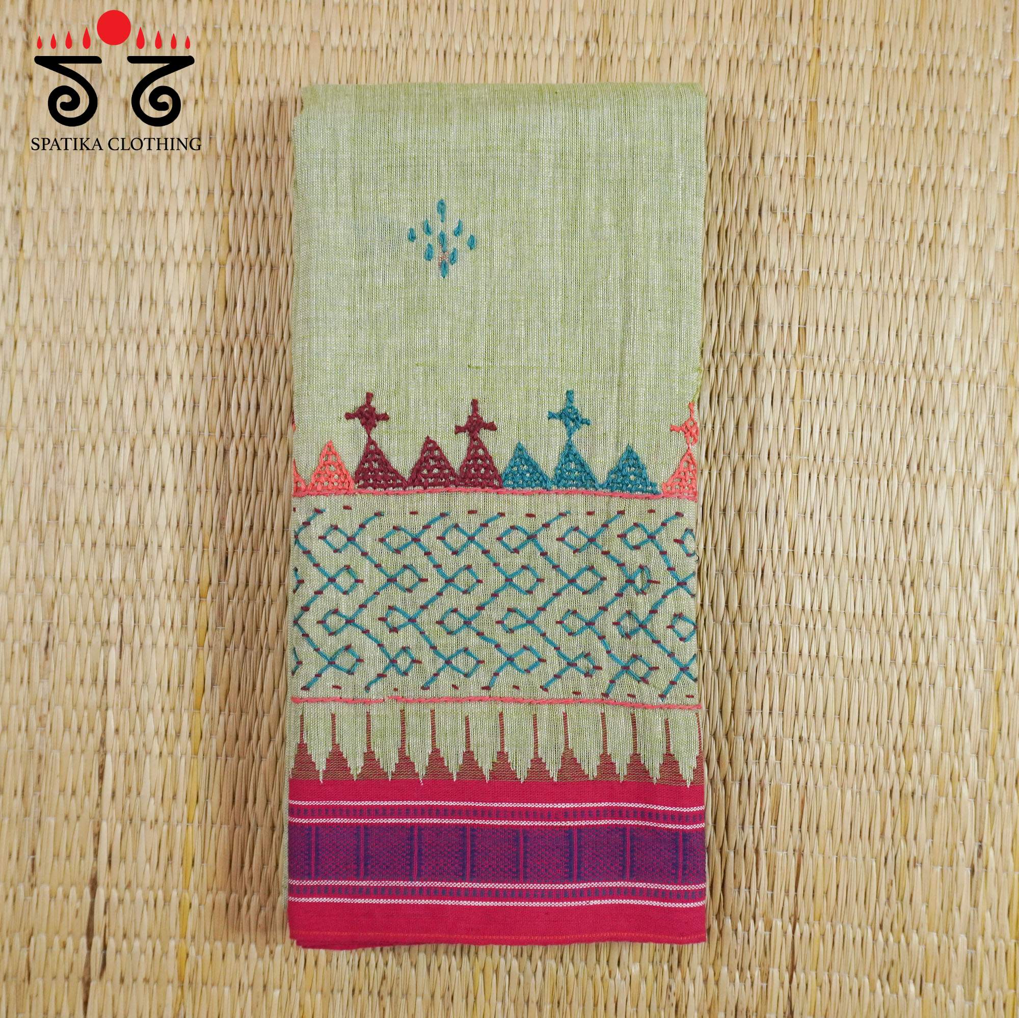 Green Hand-embroidered Ponduru Blouse Fabric