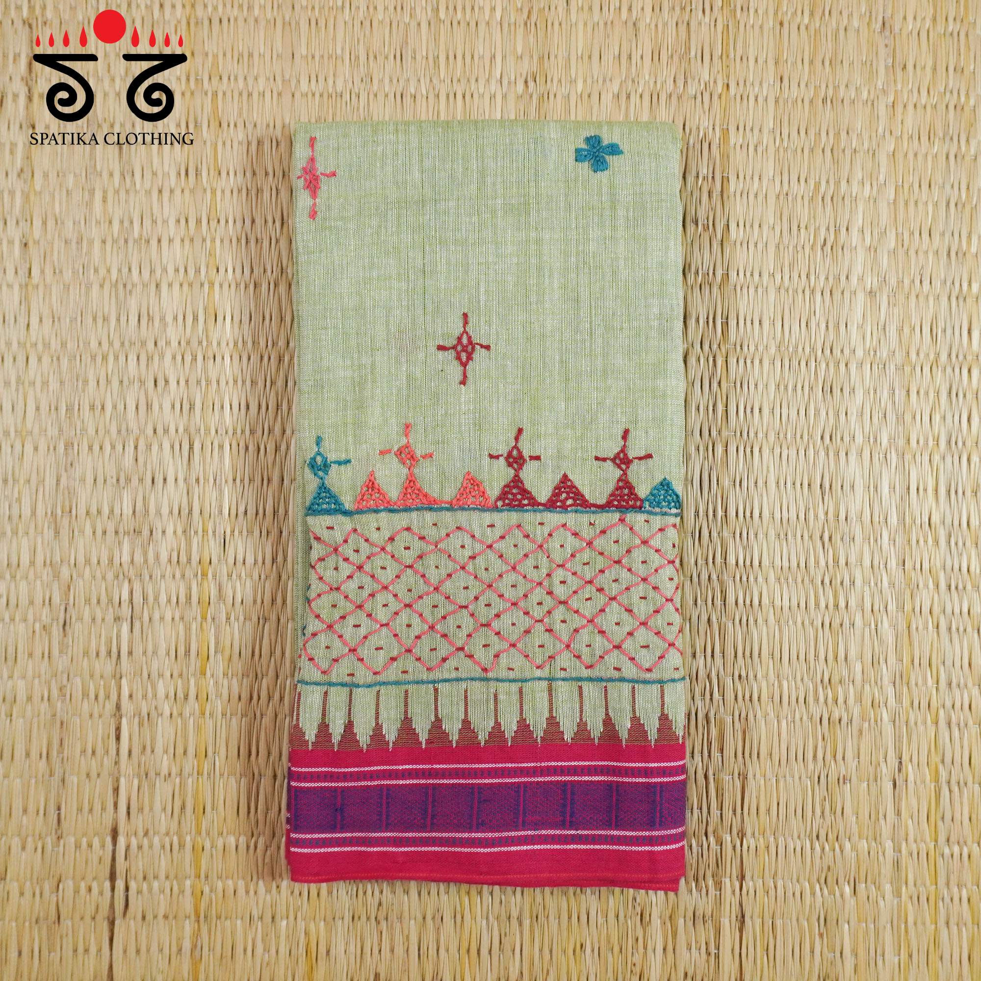 Green Hand-embroidered Ponduru Blouse Fabric