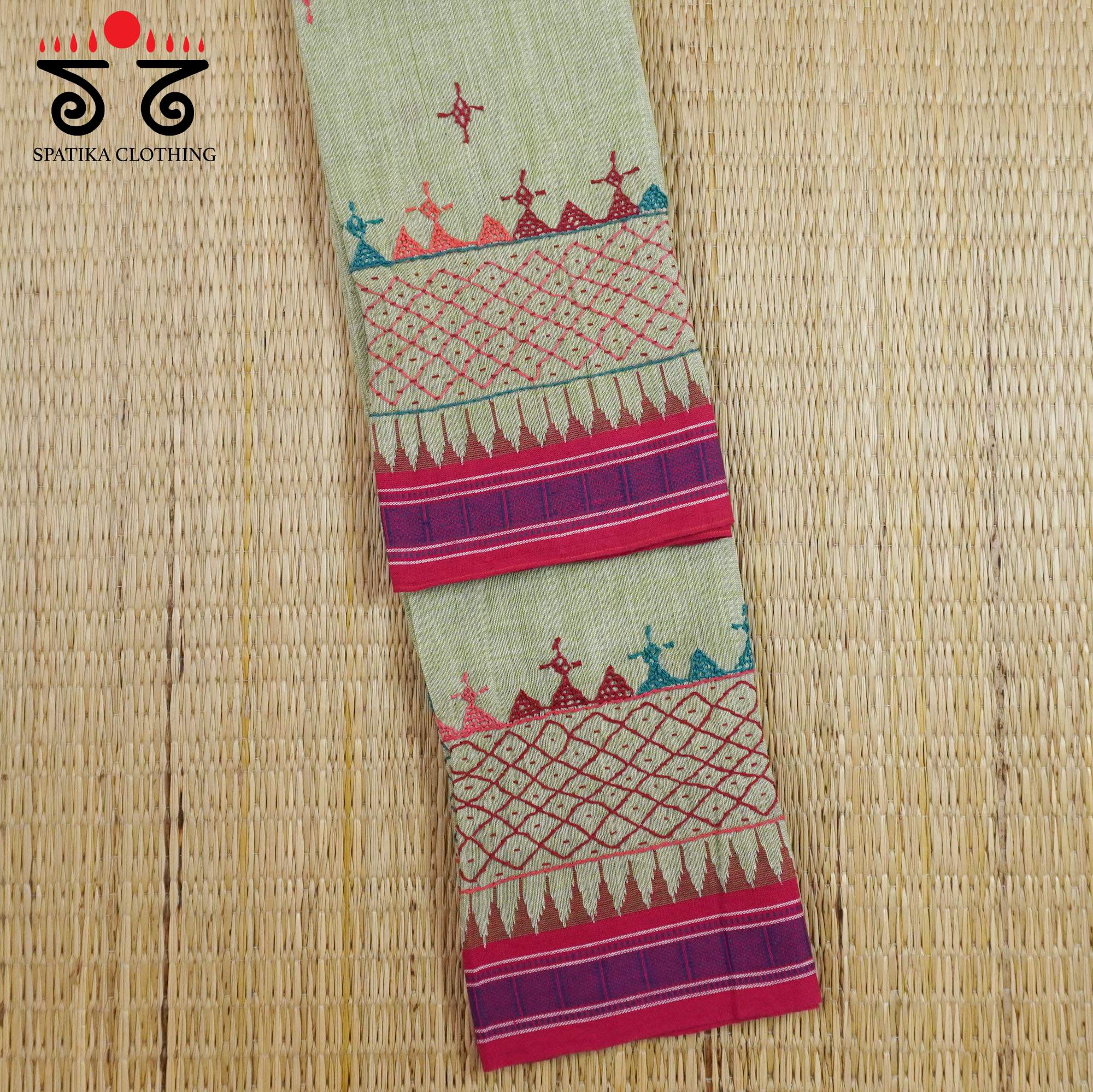 Green Hand-embroidered Ponduru Blouse Fabric
