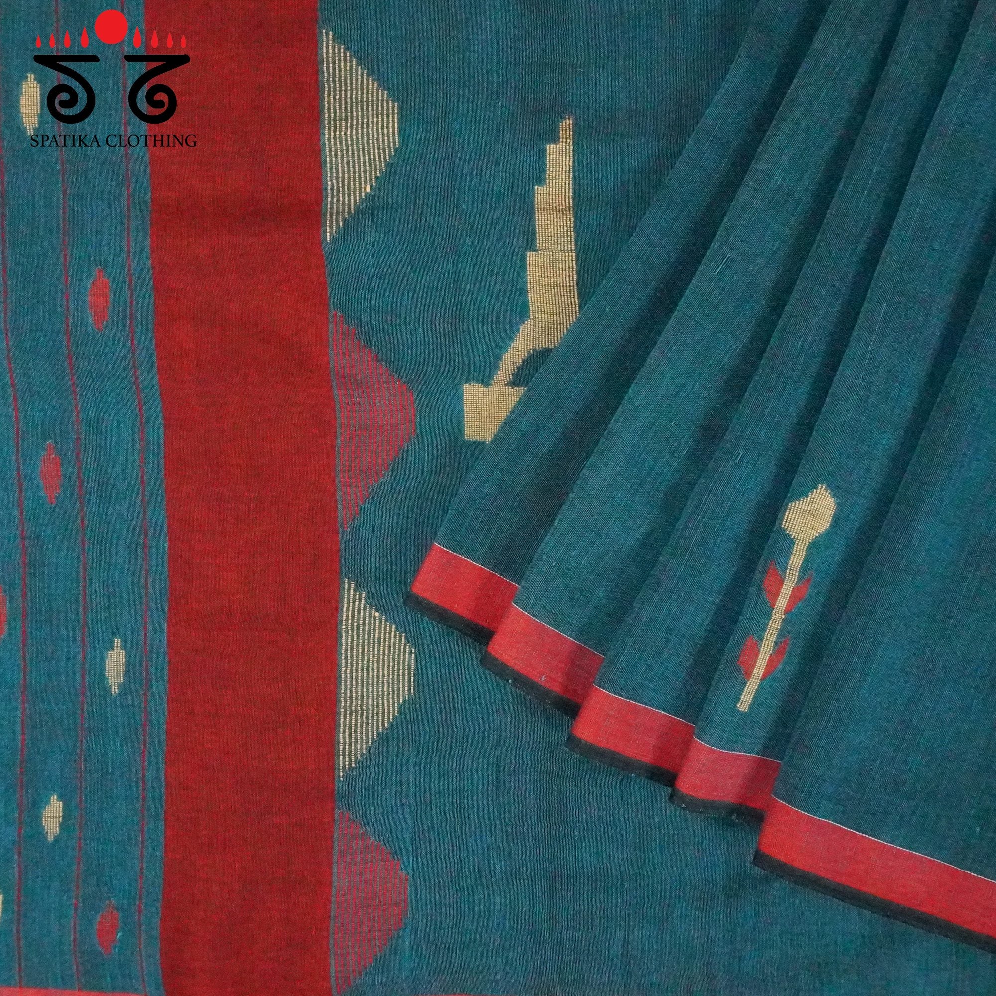 Peacock Blue Jamdhani Bengal Cotton Saree