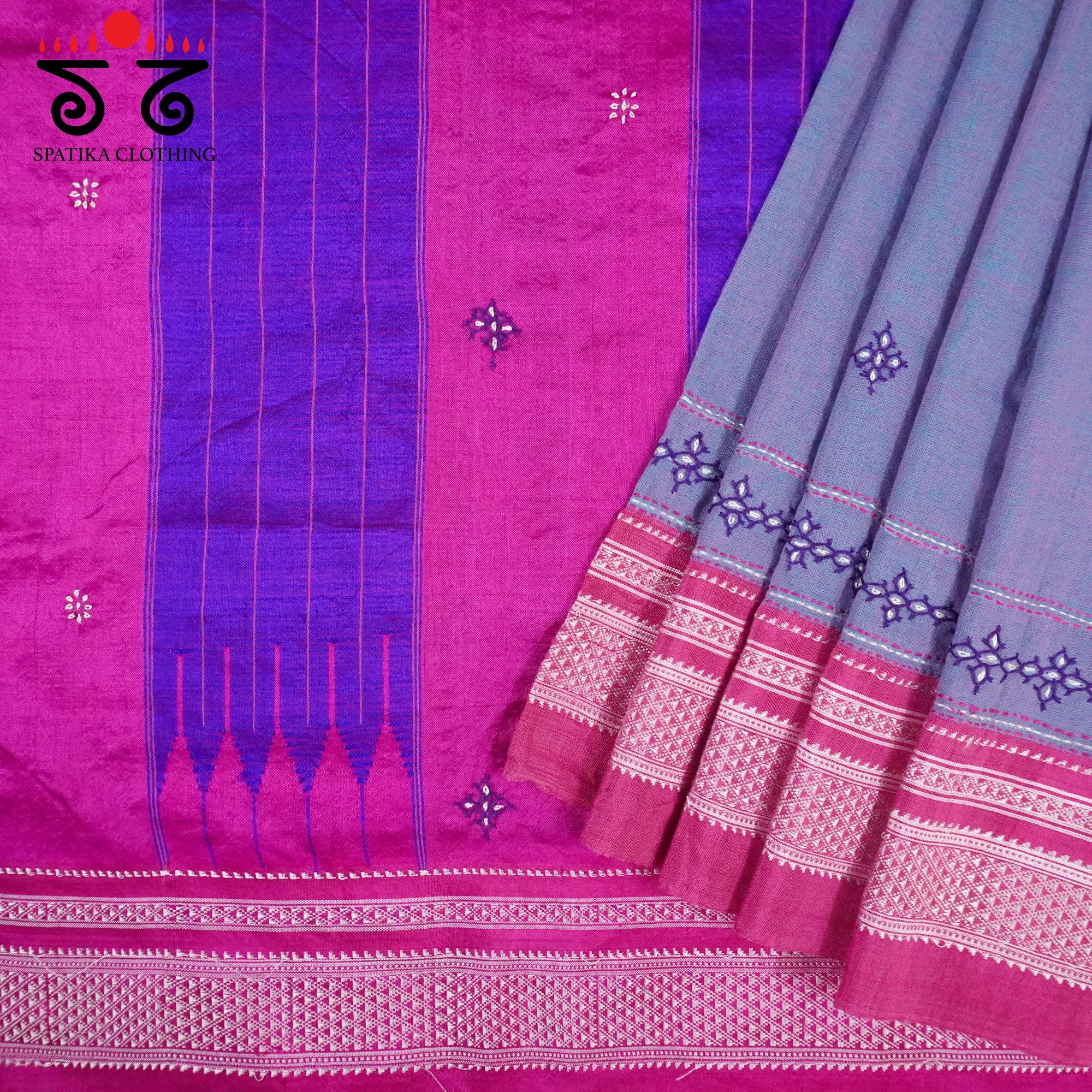Lilac Ilkal Hand Embroidered Cotton Saree