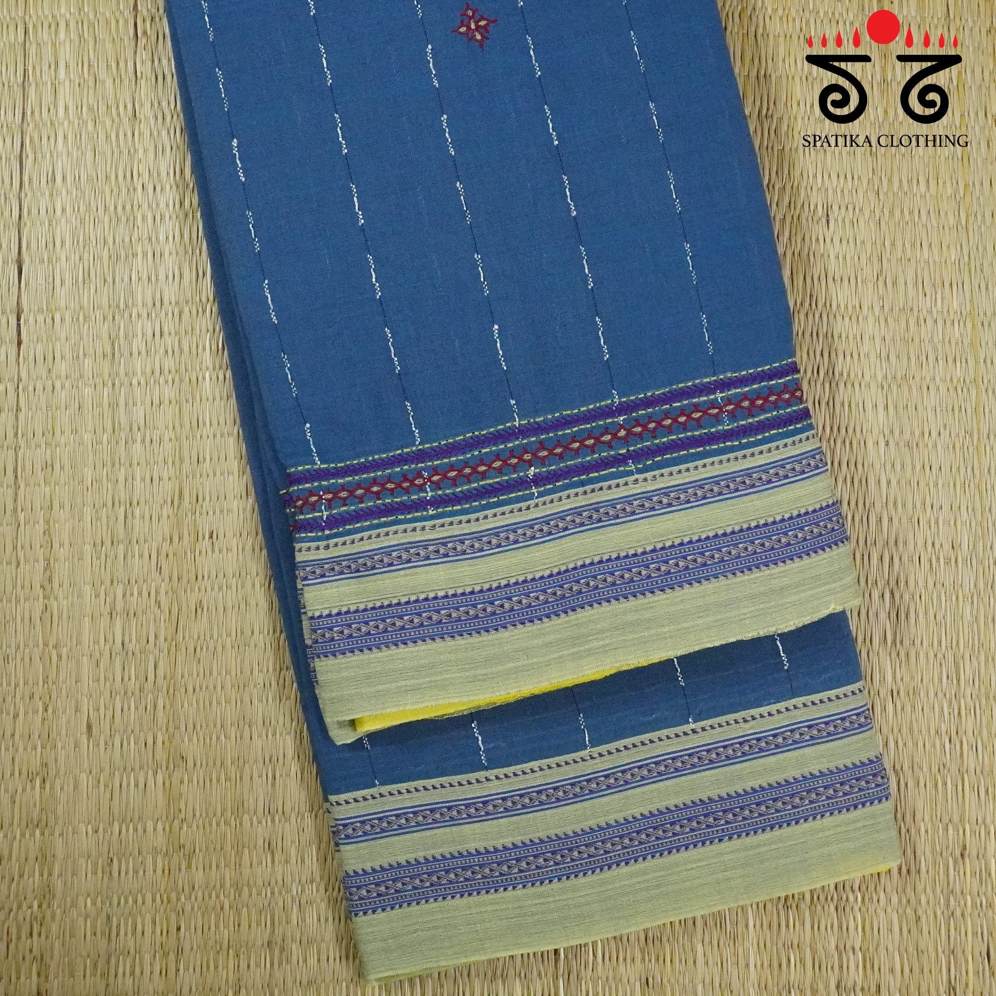 Blue Ilkal Hand Embroidered Cotton Saree
