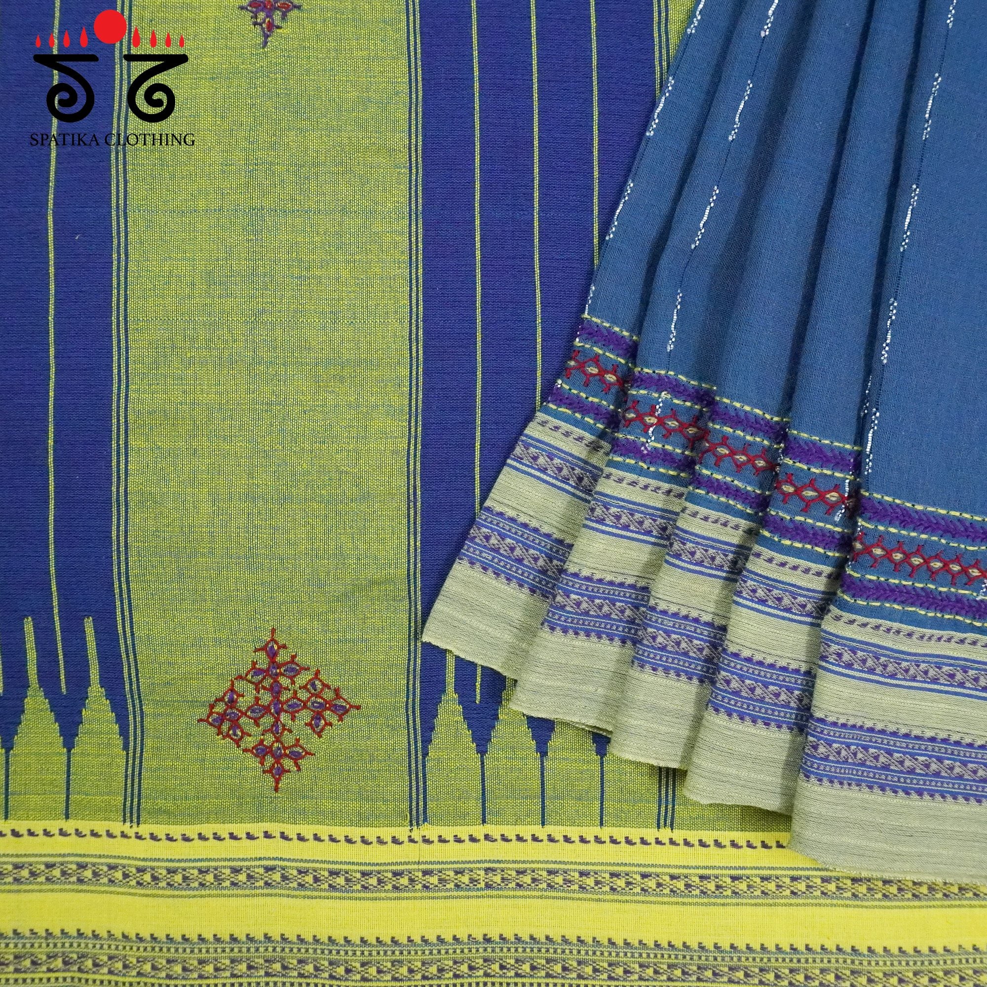 Blue Ilkal Hand Embroidered Cotton Saree