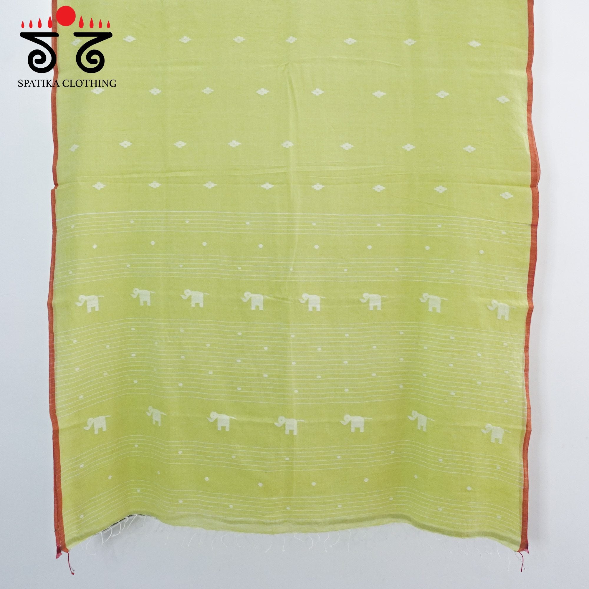 Jamdhani Elephants - Lemon Green Bengal Cotton Saree