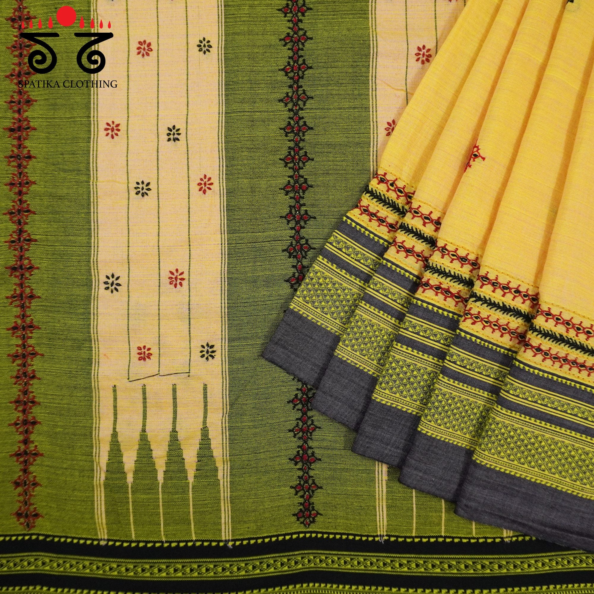 Yellow Ilkal Hand Embroidered Cotton Saree