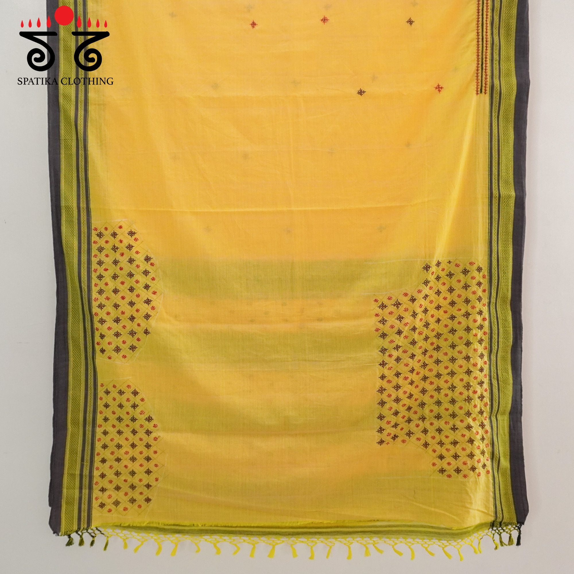 Yellow Ilkal Hand Embroidered Cotton Saree