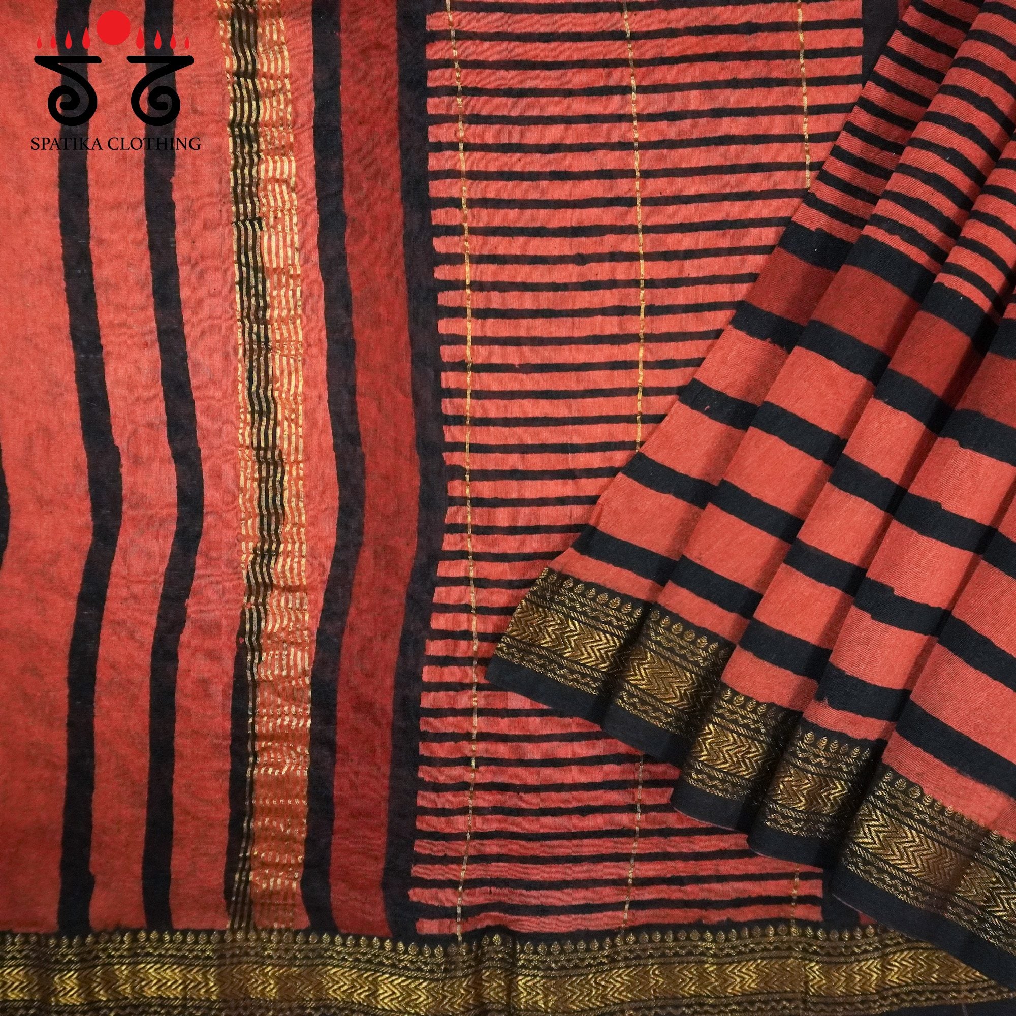 Red Bagru Maheshwari Silk Cotton Saree