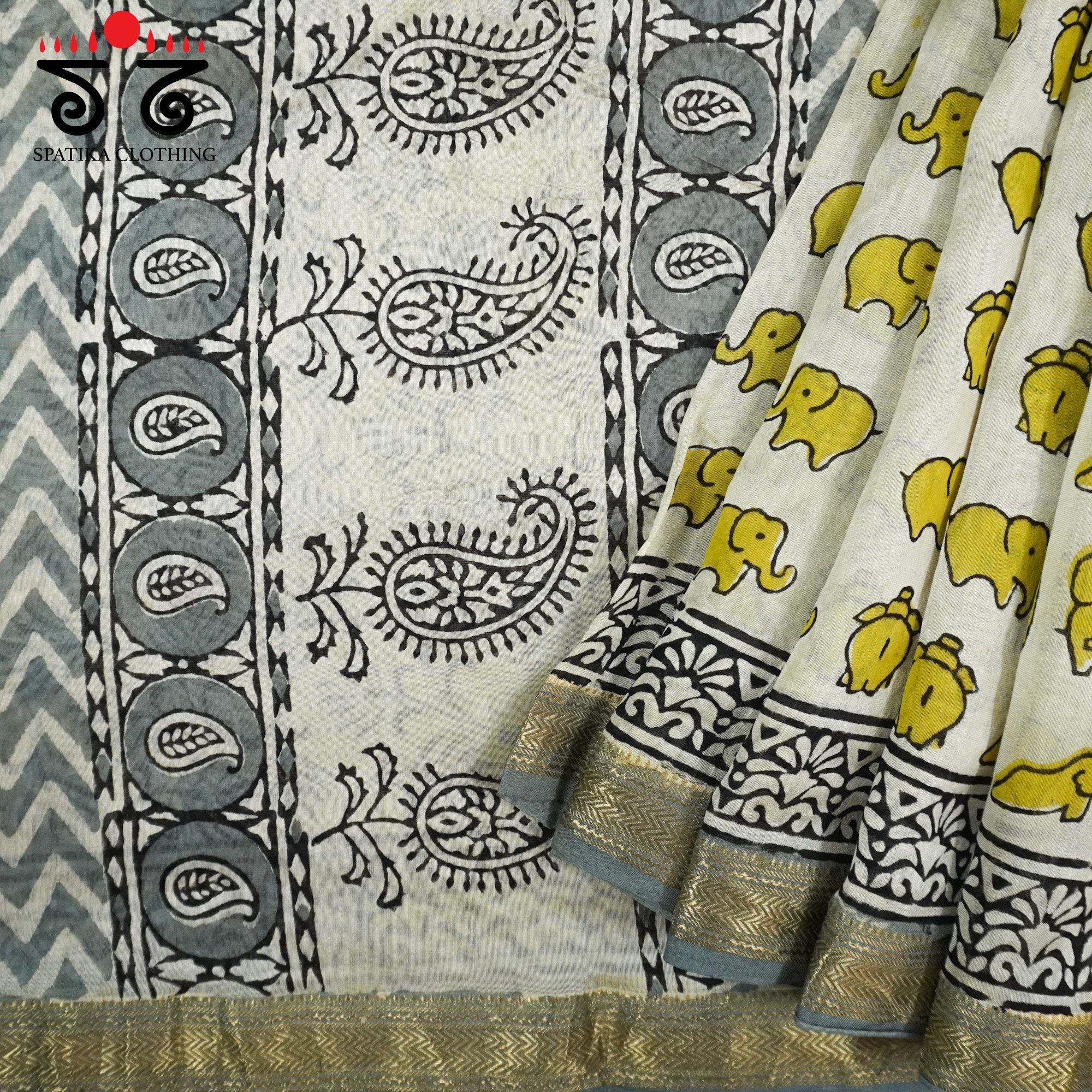 Haathi - Bagru Maheshwari Silk Cotton Saree