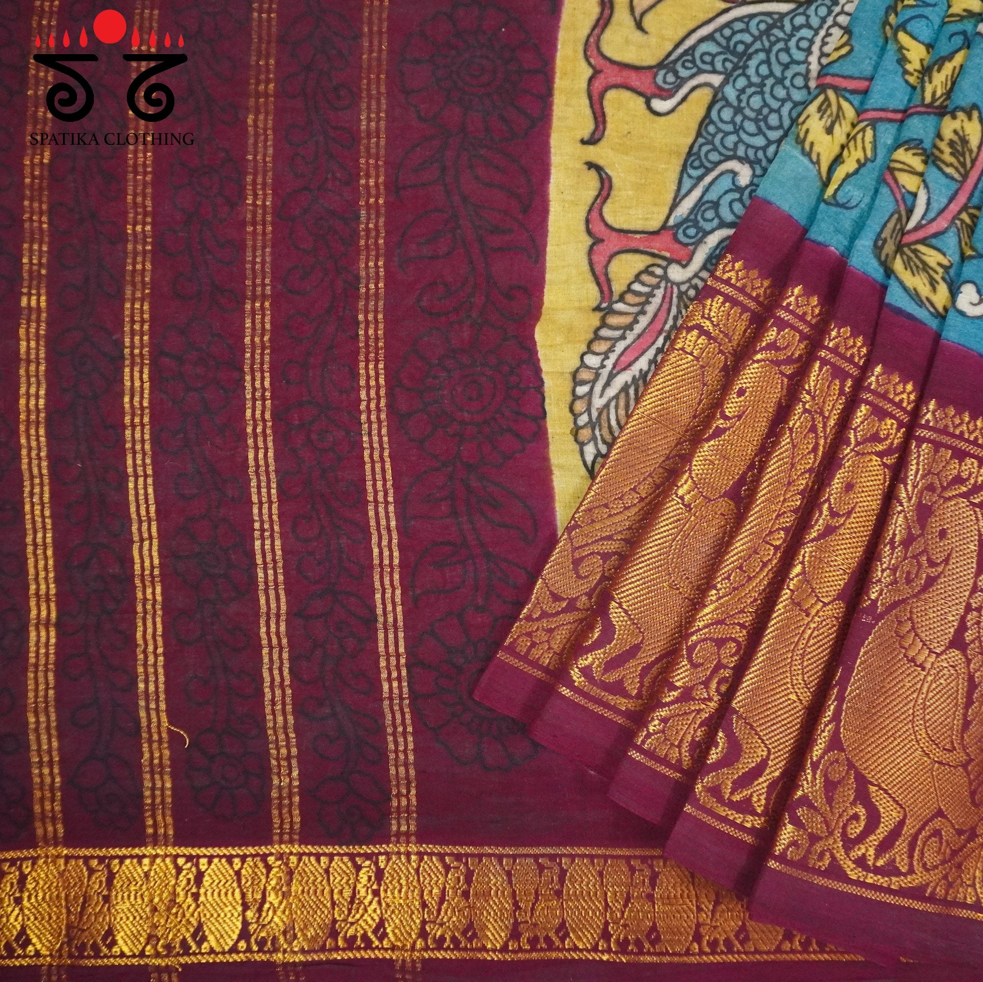 Sungudi Pen Kalamkari Handwoven Cotton Saree